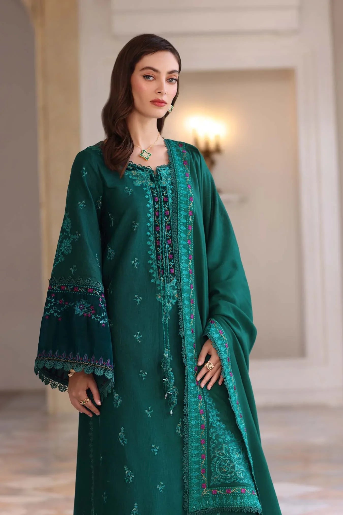 Noor by Saadia Asad | Winter Pashmina 25 | Emerald Reverie - Aqsa Fabrics