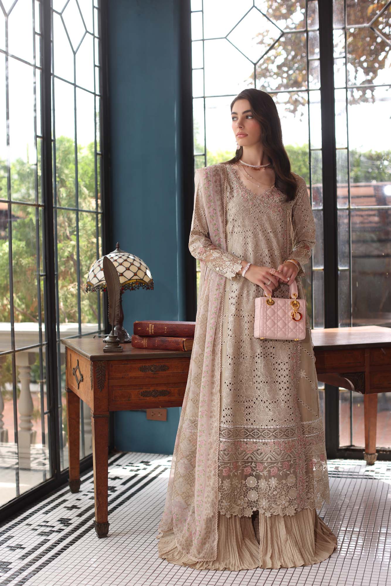 Noor by Saadia Asad | Eid Luxury Schiffli Laserkari 25 | D1- Beige - Aqsa Fabrics