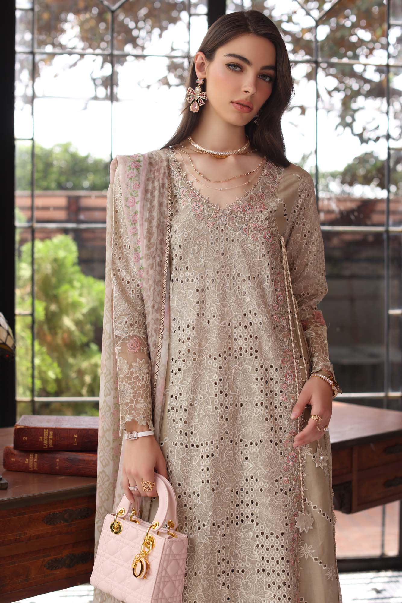 Noor by Saadia Asad | Eid Luxury Schiffli Laserkari 25 | D1- Beige - Aqsa Fabrics