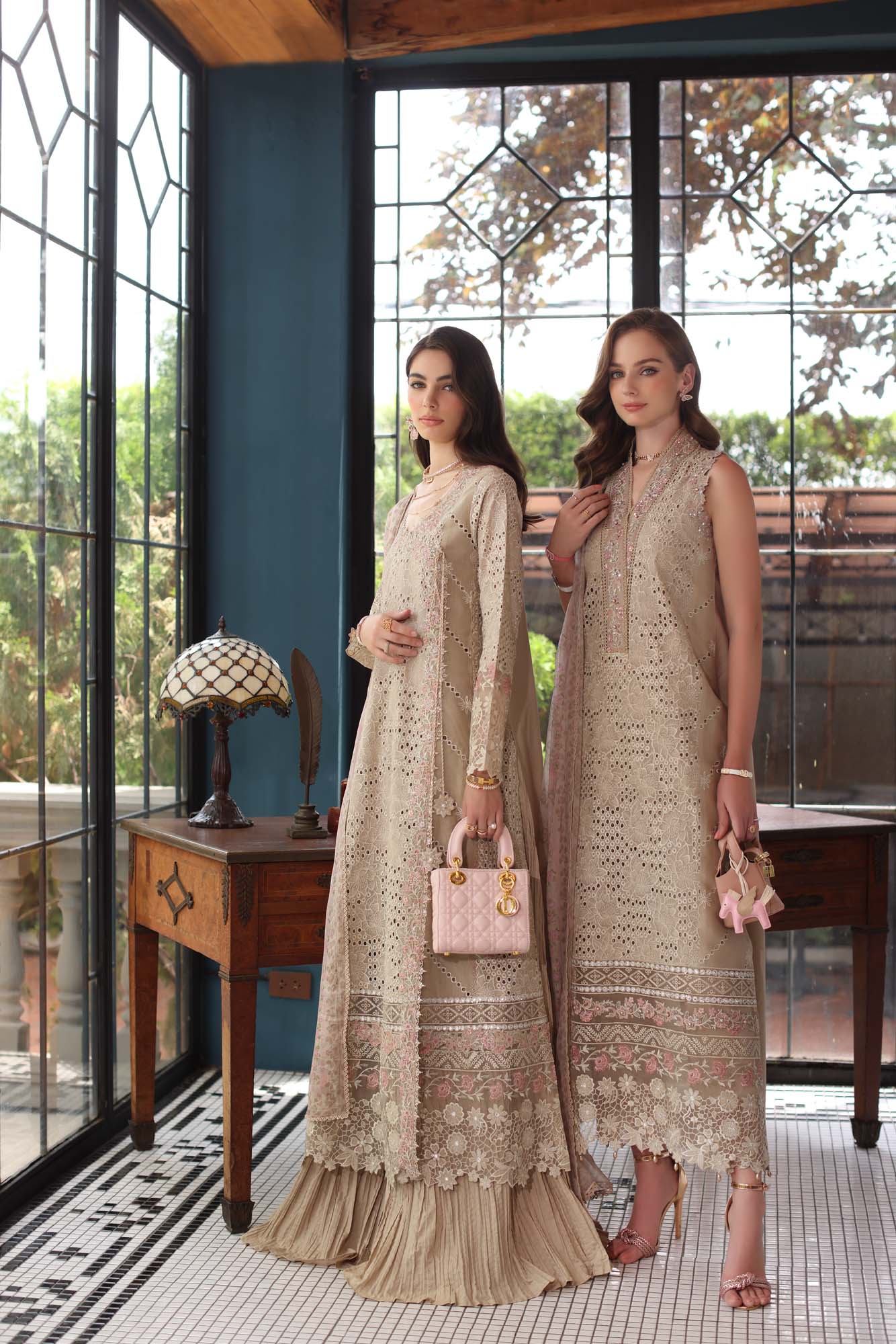 Noor by Saadia Asad | Eid Luxury Schiffli Laserkari 25 | D1- Beige - Aqsa Fabrics