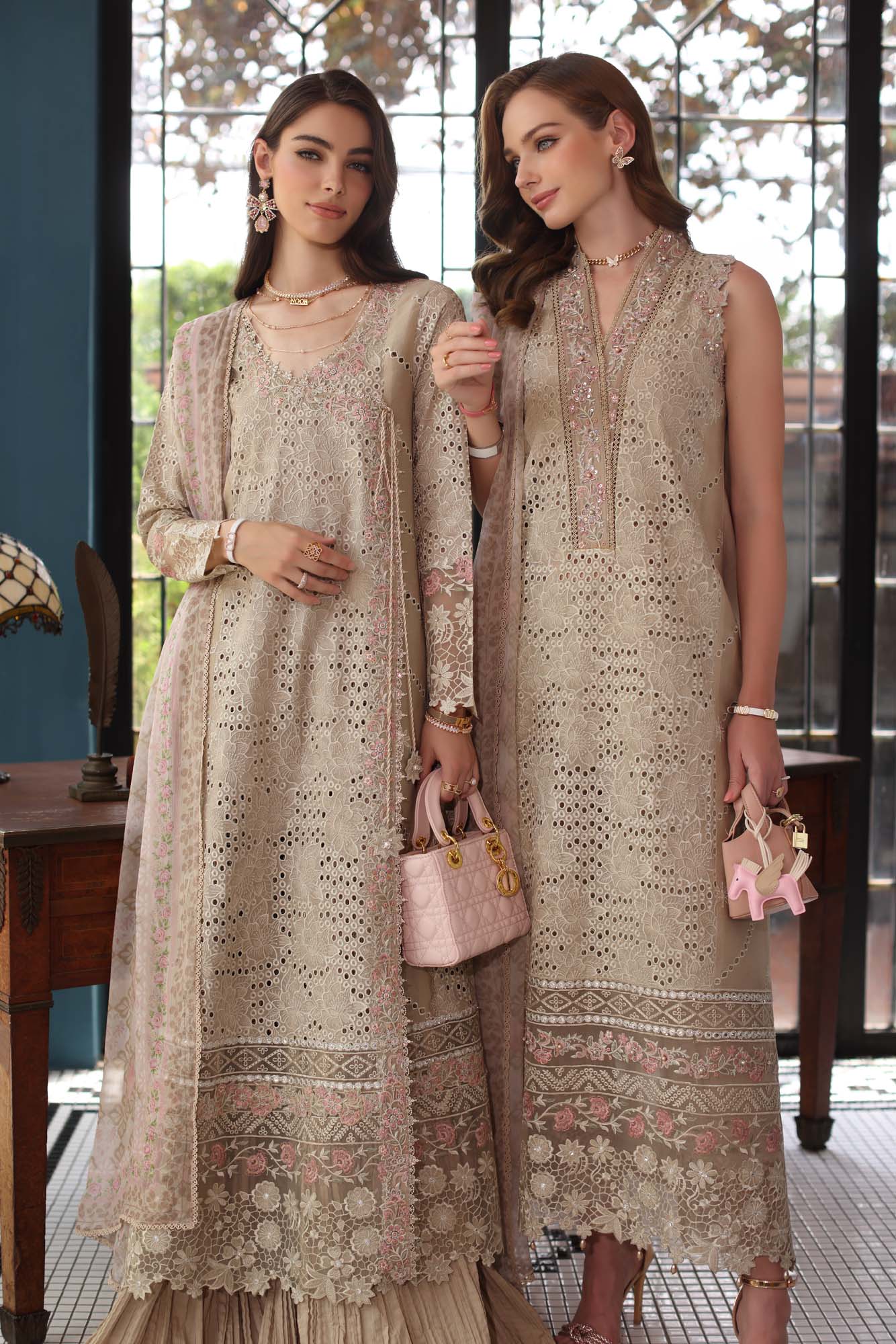 Noor by Saadia Asad | Eid Luxury Schiffli Laserkari 25 | D1- Beige - Aqsa Fabrics