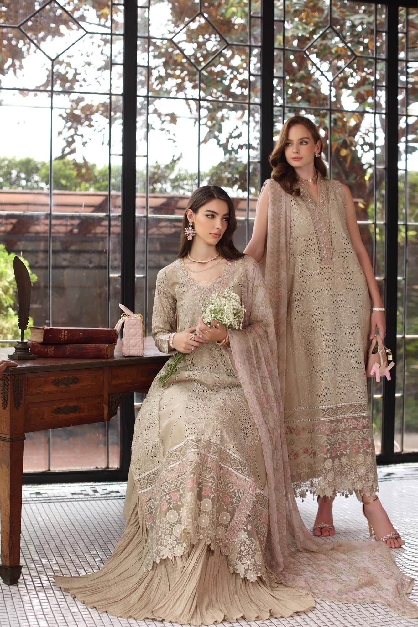 Noor by Saadia Asad | Eid Luxury Schiffli Laserkari 25 | D1- Beige - Aqsa Fabrics