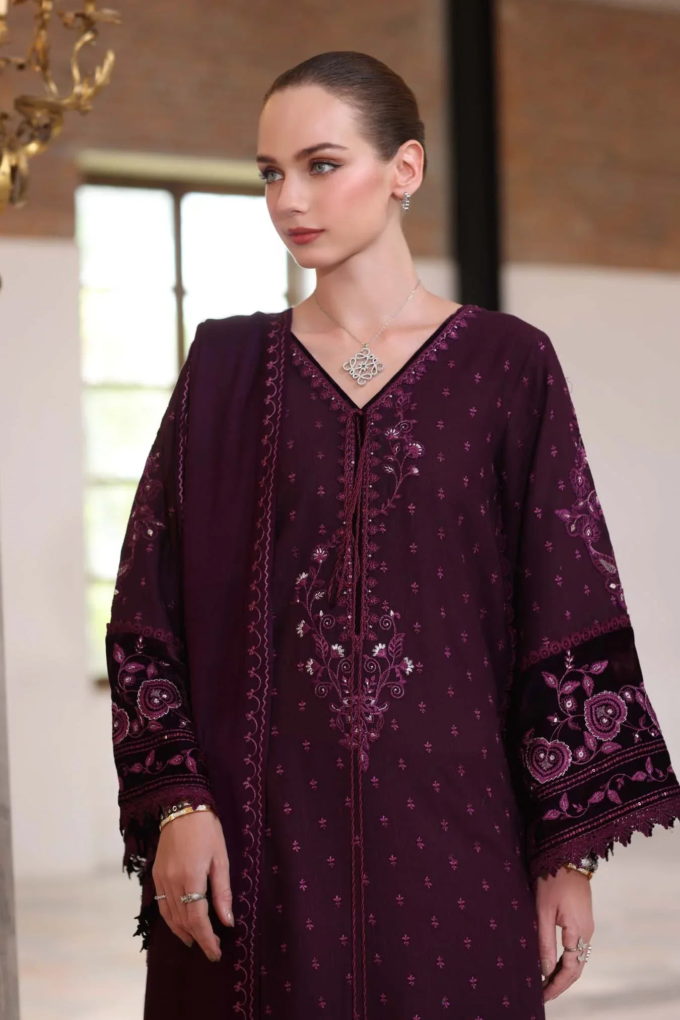 Noor by Saadia Asad | Winter Pashmina 25 | Damson - Aqsa Fabrics