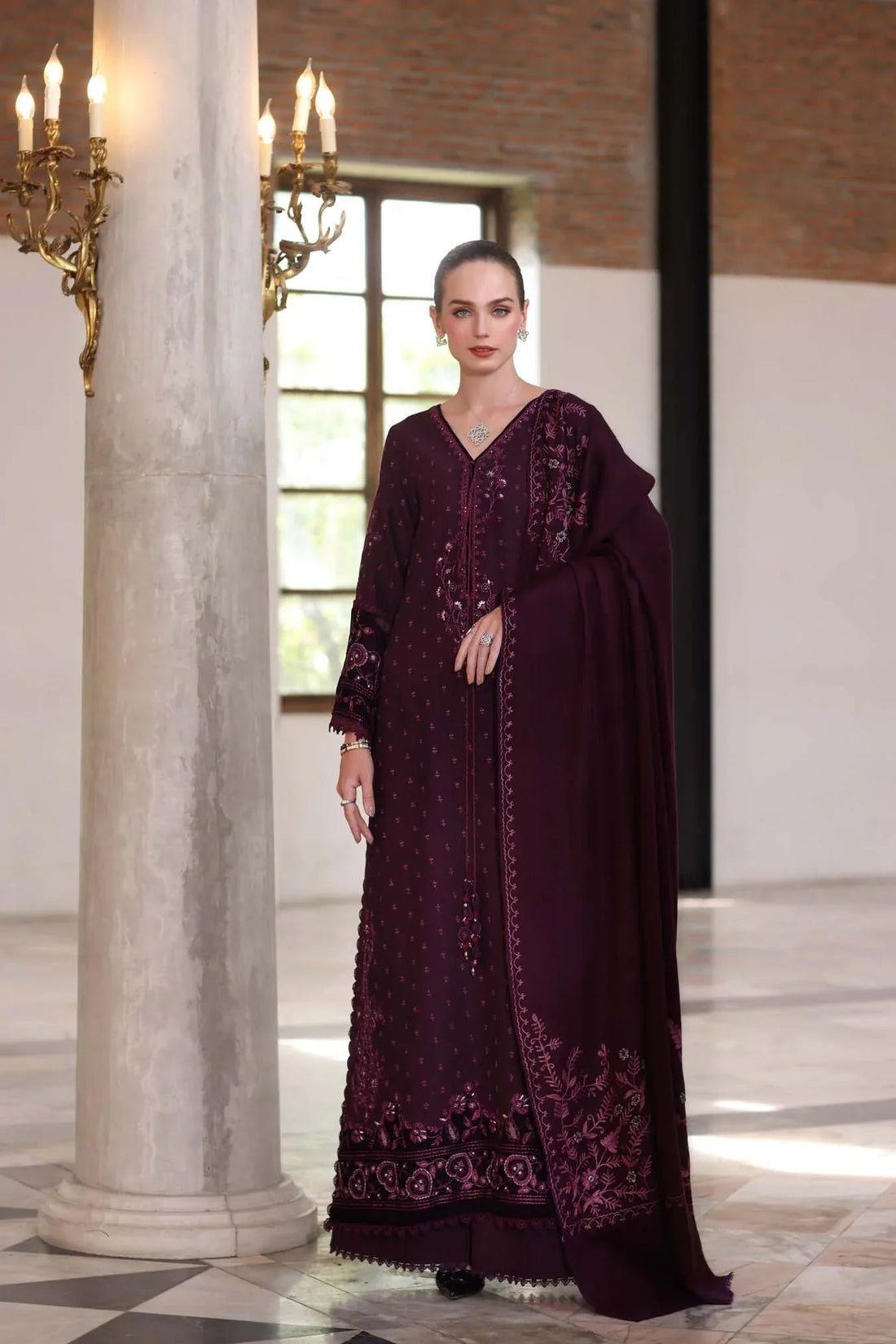 Noor by Saadia Asad | Winter Pashmina 25 | Damson - Aqsa Fabrics