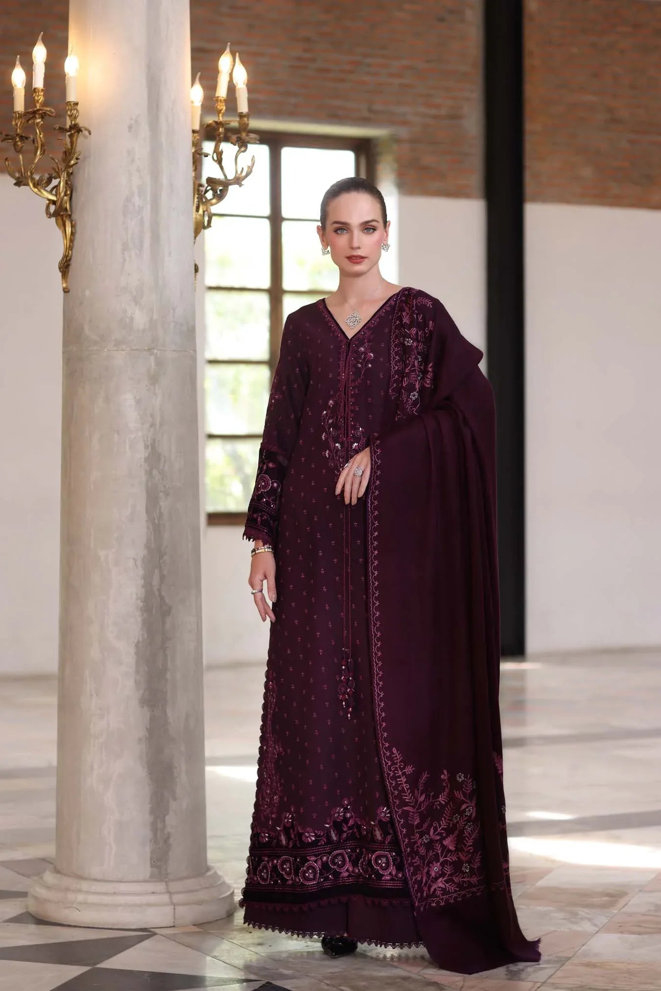Noor by Saadia Asad | Winter Pashmina 25 | Damson - Aqsa Fabrics