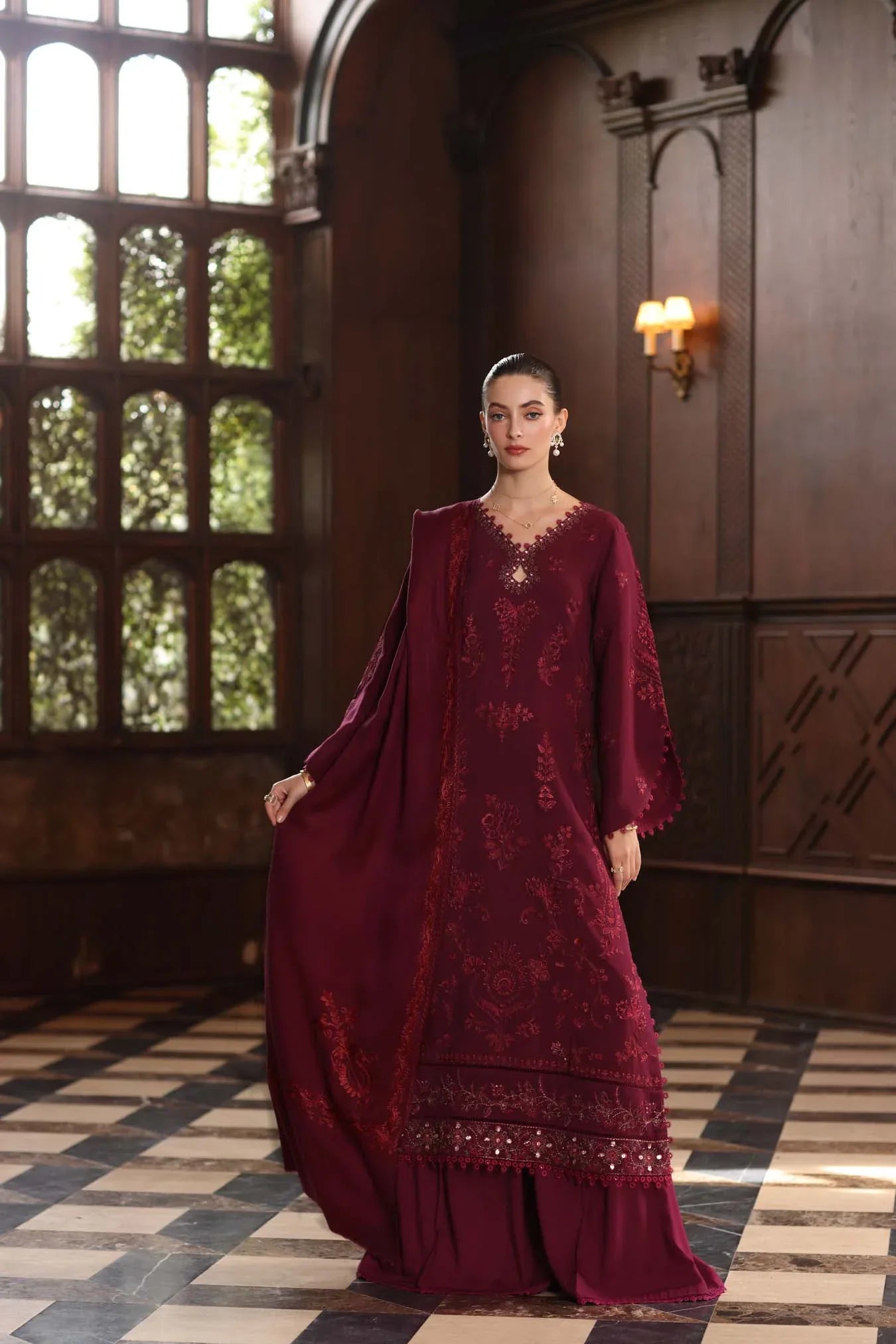 Noor by Saadia Asad | Winter Pashmina 25 | Royal Claret - Aqsa Fabrics