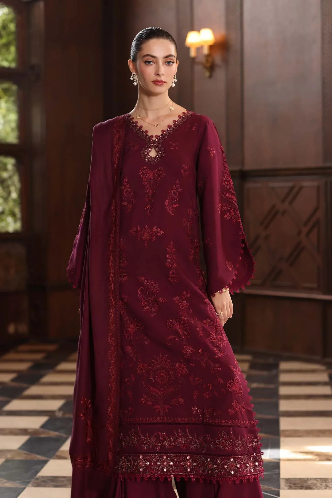 Noor by Saadia Asad | Winter Pashmina 25 | Royal Claret - Aqsa Fabrics