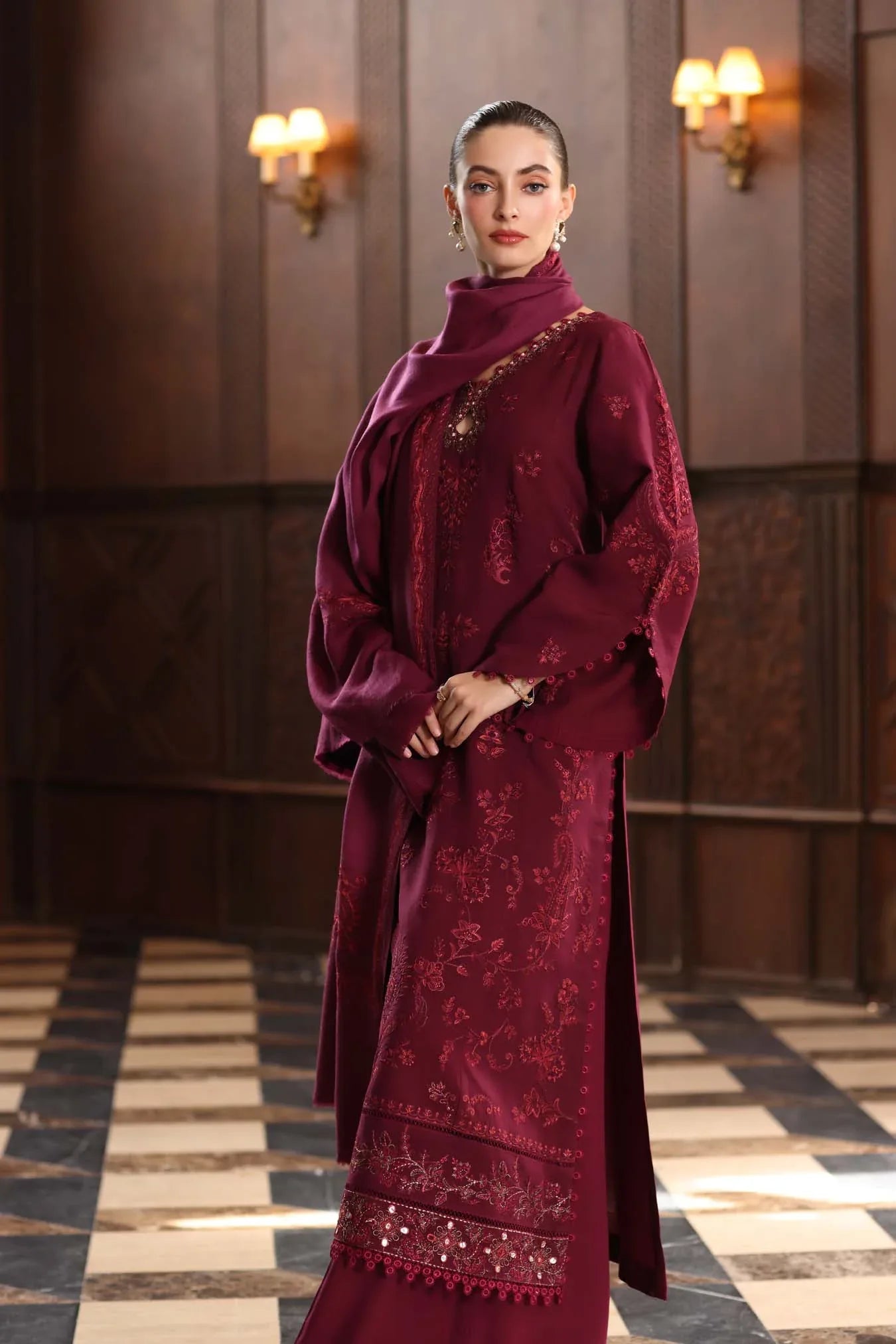Noor by Saadia Asad | Winter Pashmina 25 | Royal Claret - Aqsa Fabrics