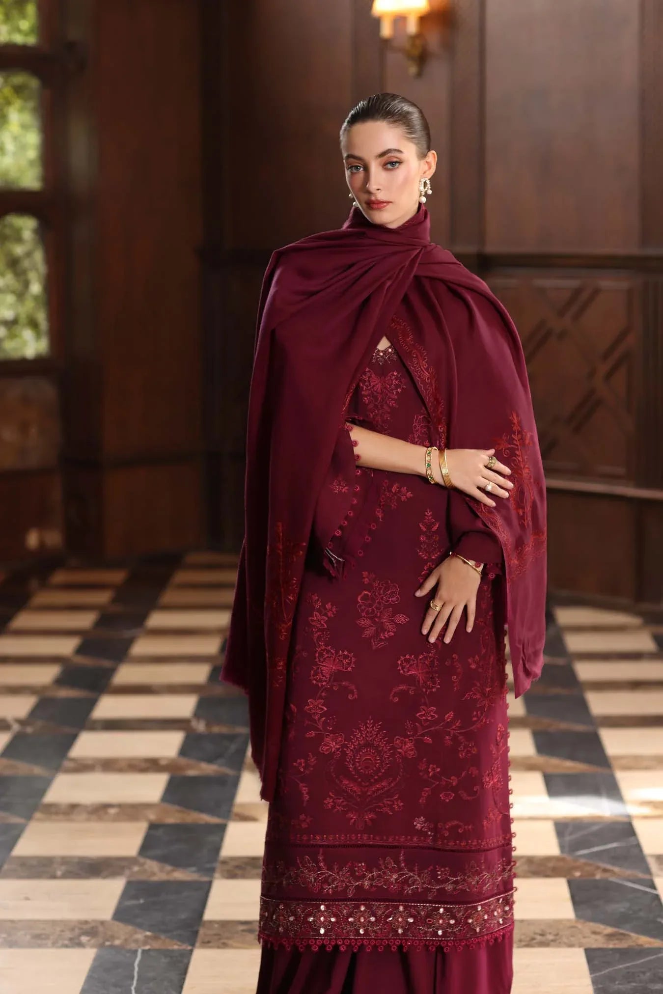 Noor by Saadia Asad | Winter Pashmina 25 | Royal Claret - Aqsa Fabrics