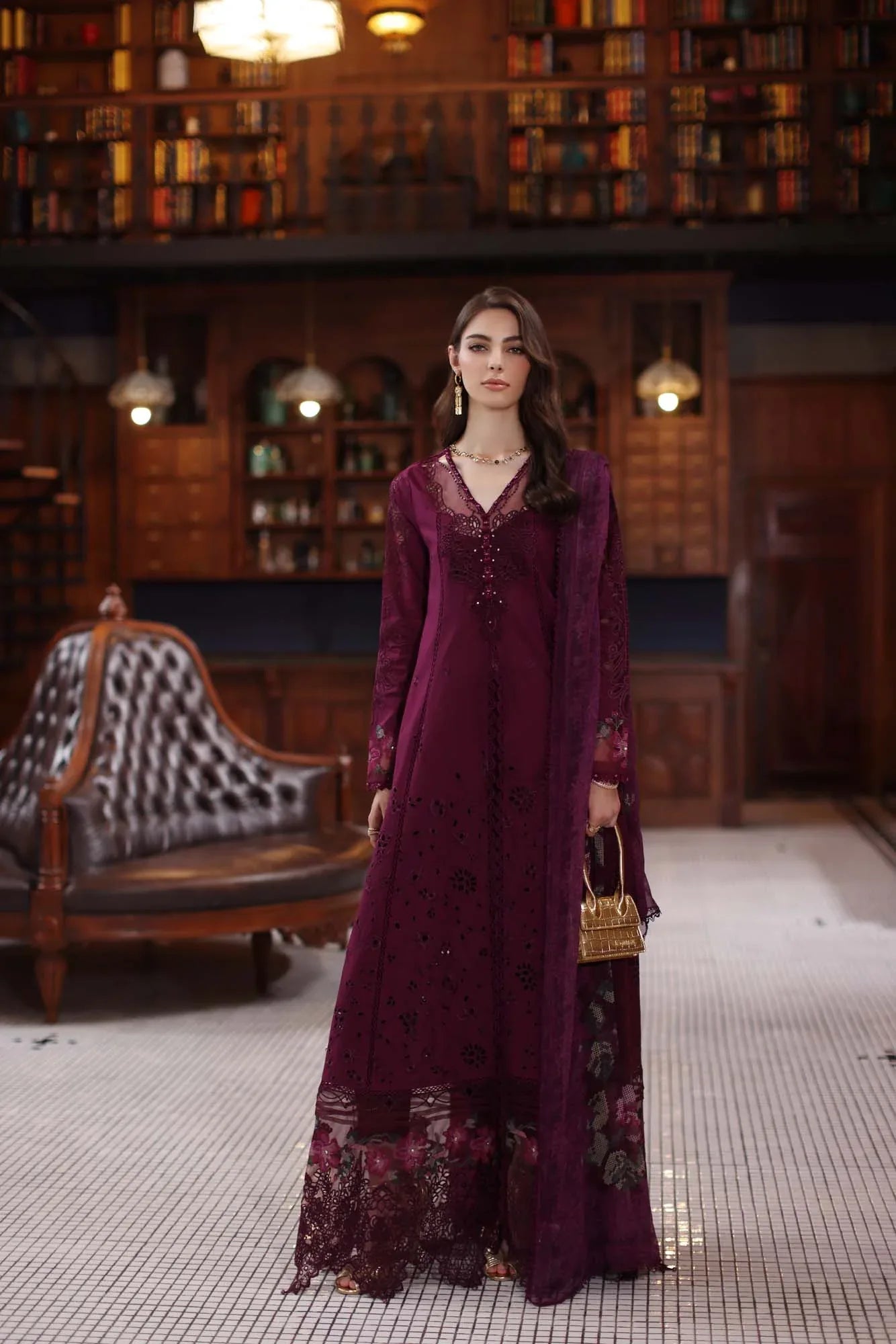 Noor by Saadia Asad | Eid Luxury Schiffli Laserkari 25 | D12- Plum - Aqsa Fabrics
