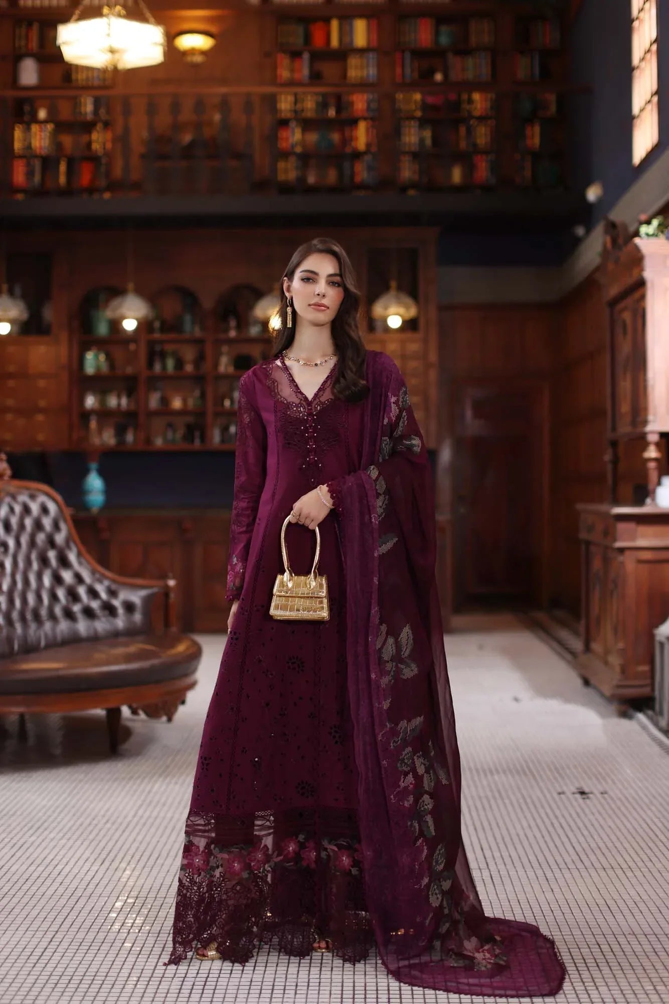 Noor by Saadia Asad | Eid Luxury Schiffli Laserkari 25 | D12- Plum - Aqsa Fabrics