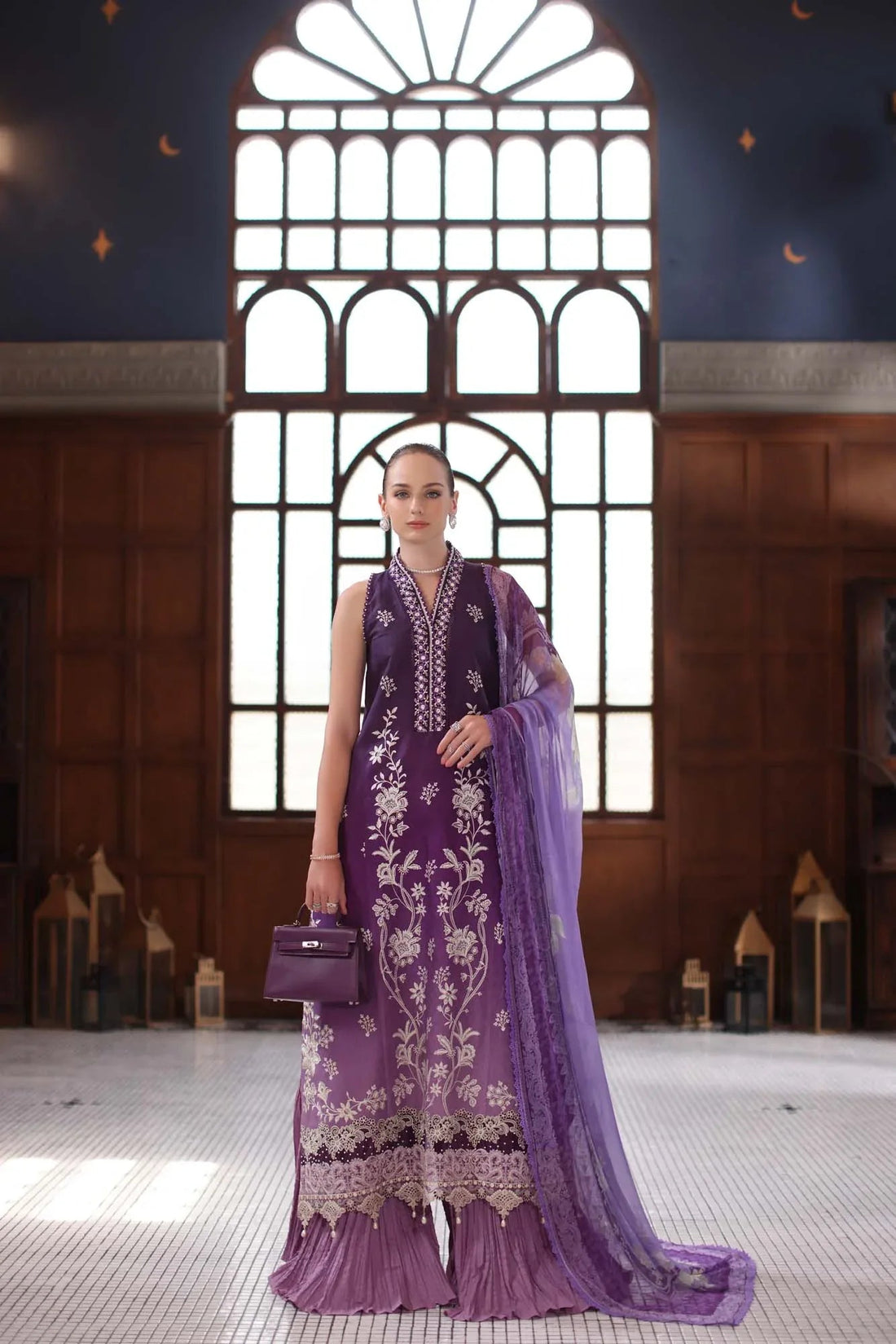 Noor by Saadia Asad | Eid Luxury Schiffli Laserkari 25 | D9- Purple - Aqsa Fabrics