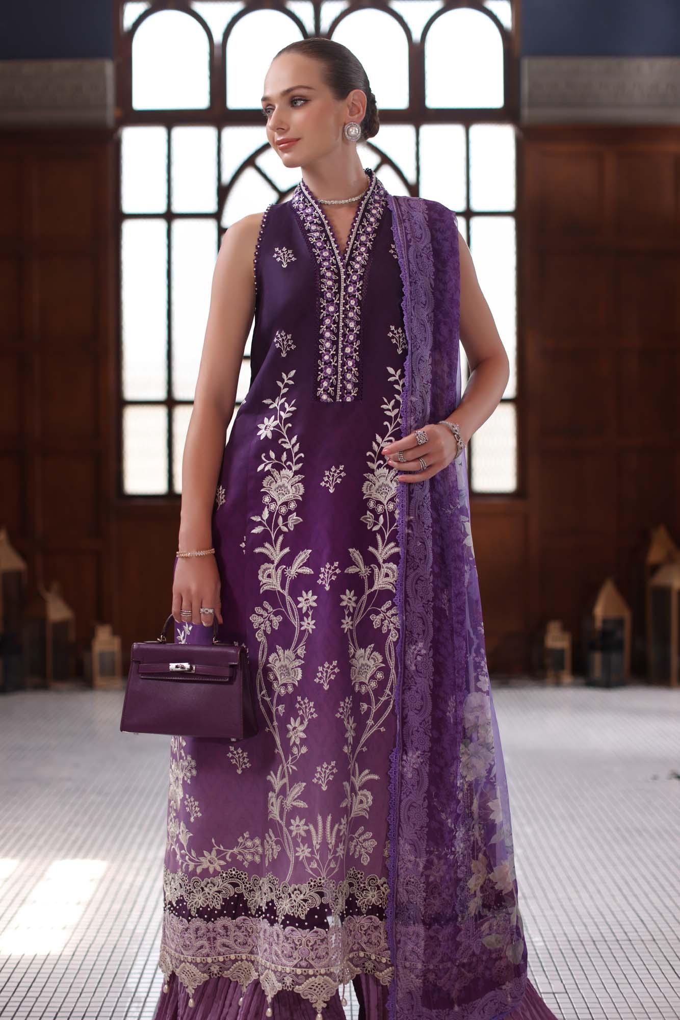 Noor by Saadia Asad | Eid Luxury Schiffli Laserkari 25 | D9- Purple - Aqsa Fabrics