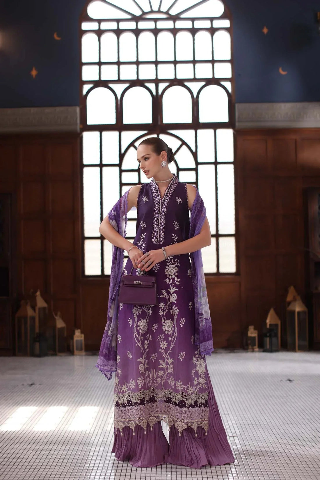 Noor by Saadia Asad | Eid Luxury Schiffli Laserkari 25 | D9- Purple - Aqsa Fabrics
