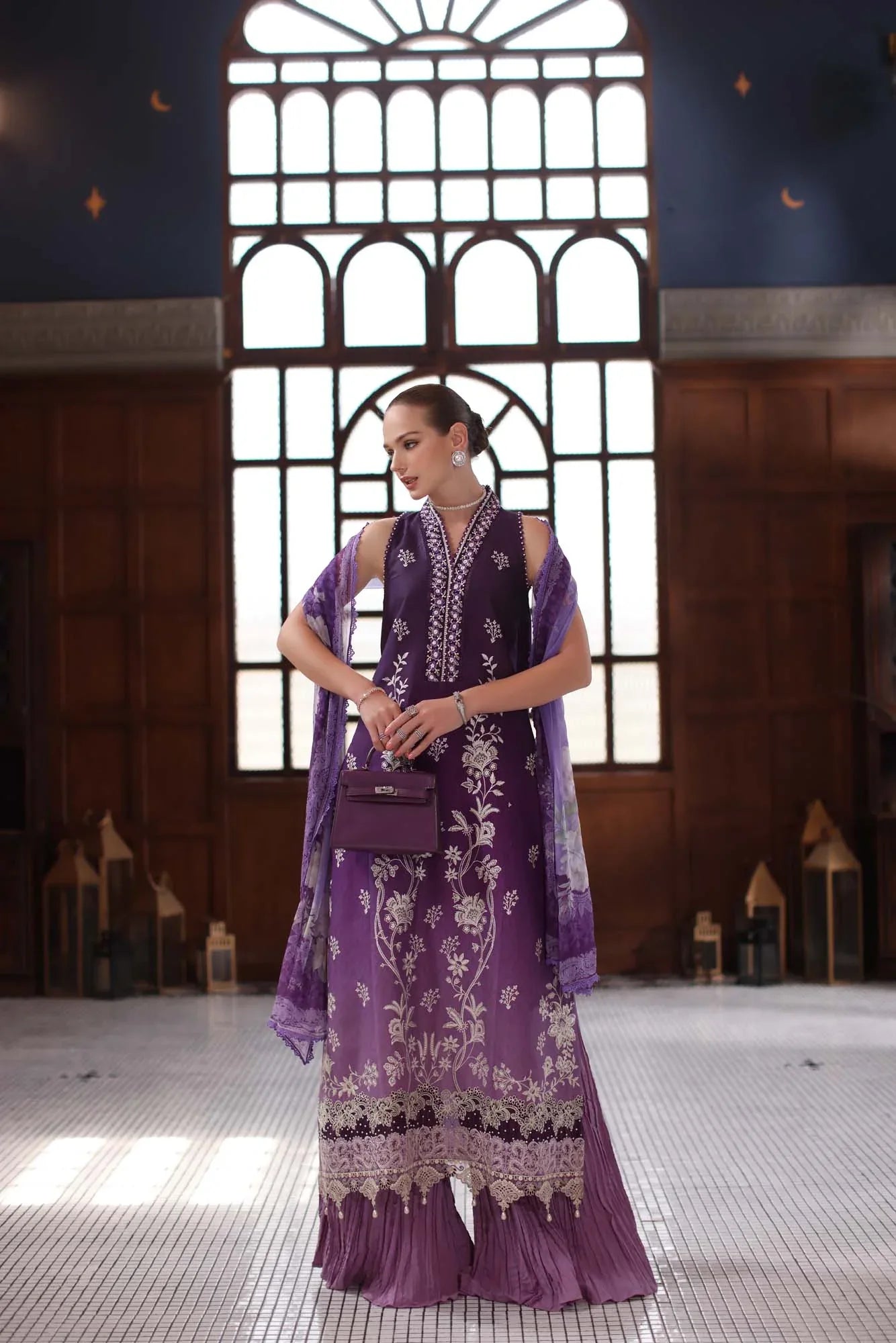 Noor by Saadia Asad | Eid Luxury Schiffli Laserkari 25 | D9- Purple - Aqsa Fabrics