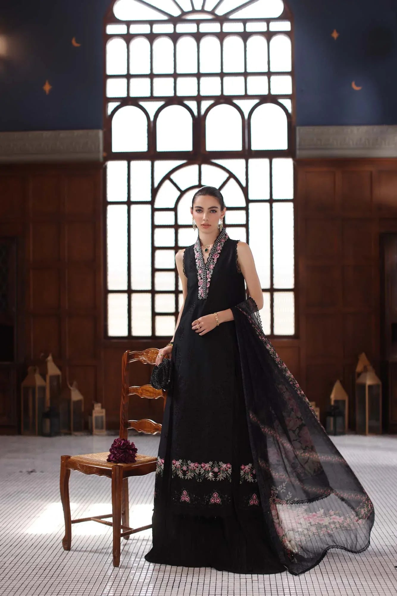 Noor by Saadia Asad | Eid Luxury Schiffli Laserkari 25 | D7- Black - Aqsa Fabrics