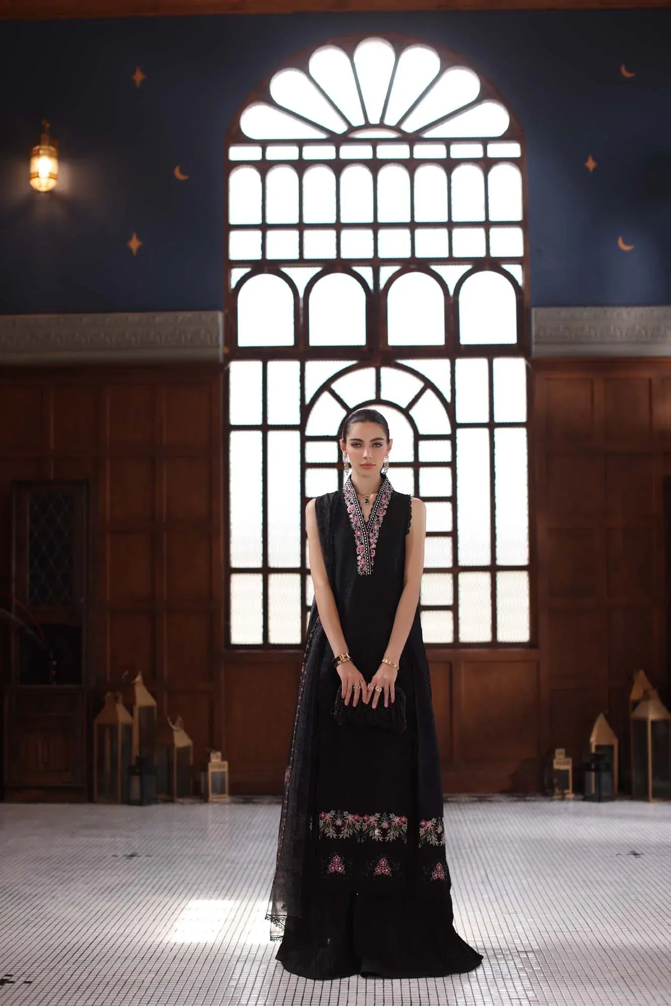 Noor by Saadia Asad | Eid Luxury Schiffli Laserkari 25 | D7- Black - Aqsa Fabrics