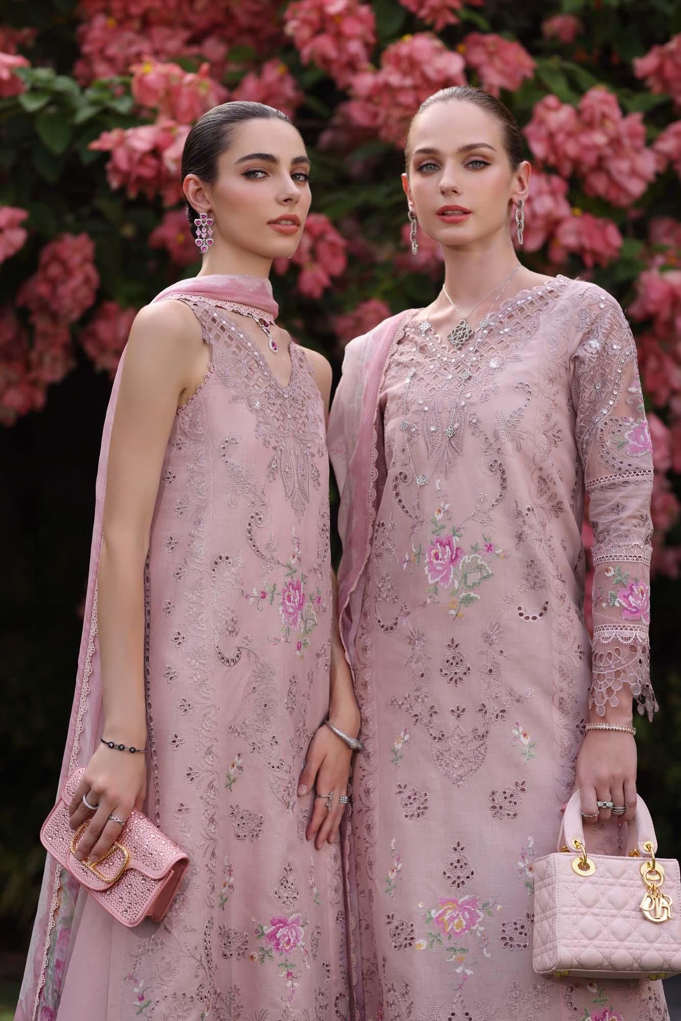 Noor by Saadia Asad | Eid Luxury Schiffli Laserkari 25 | D8- Pink - Aqsa Fabrics