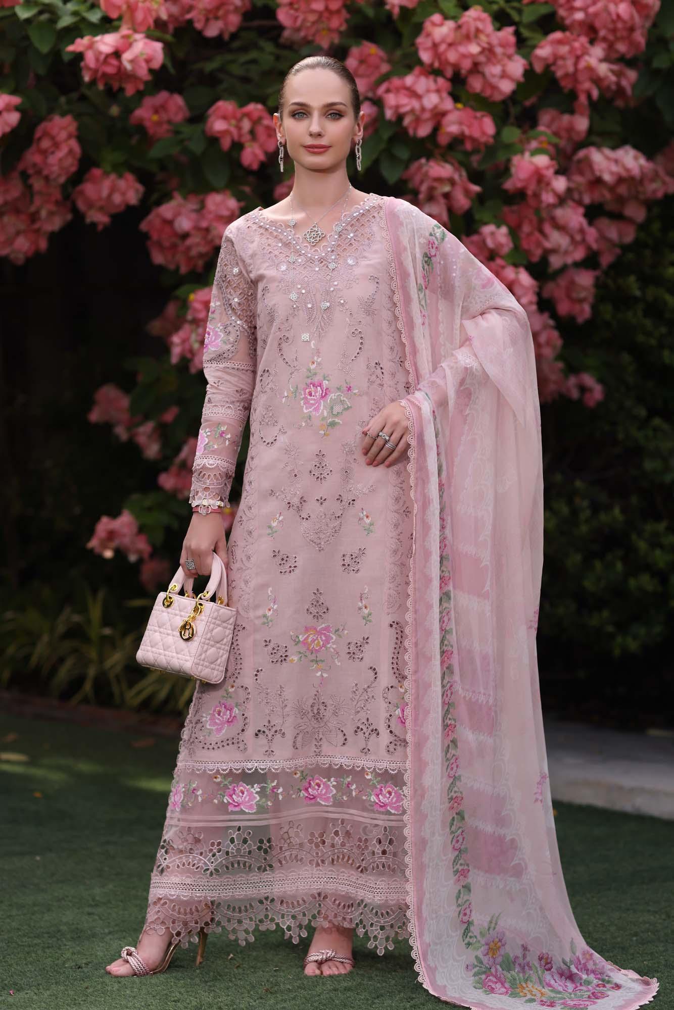 Noor by Saadia Asad | Eid Luxury Schiffli Laserkari 25 | D8- Pink - Aqsa Fabrics