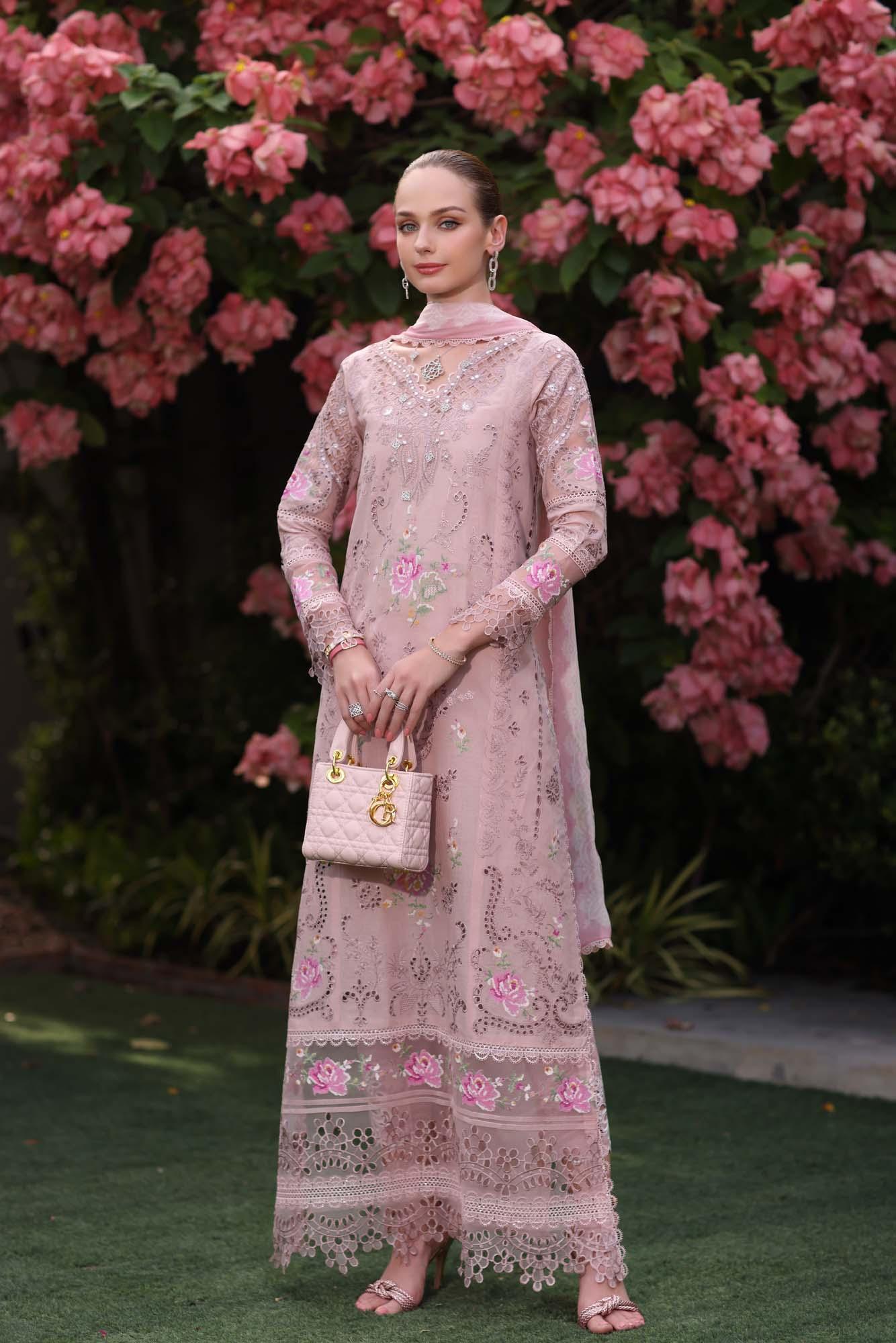 Noor by Saadia Asad | Eid Luxury Schiffli Laserkari 25 | D8- Pink - Aqsa Fabrics