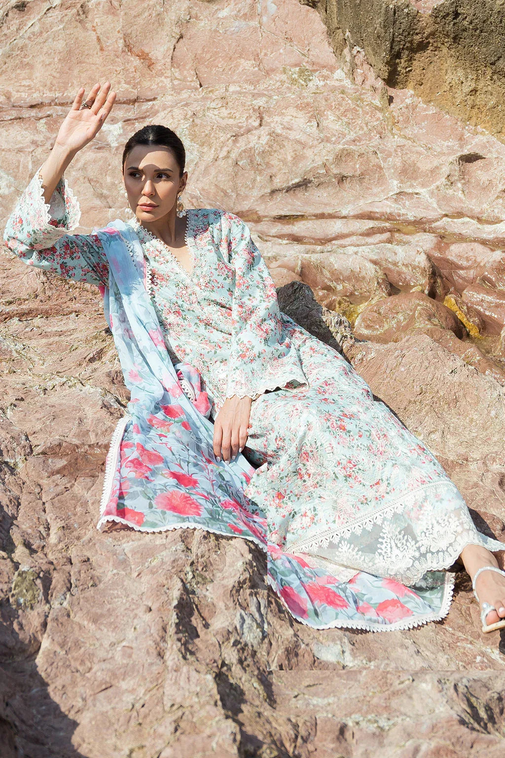 Afrozeh Summer Together Embroidered Lawn 3Pc Suit - Topaz - Aqsa Fabrics