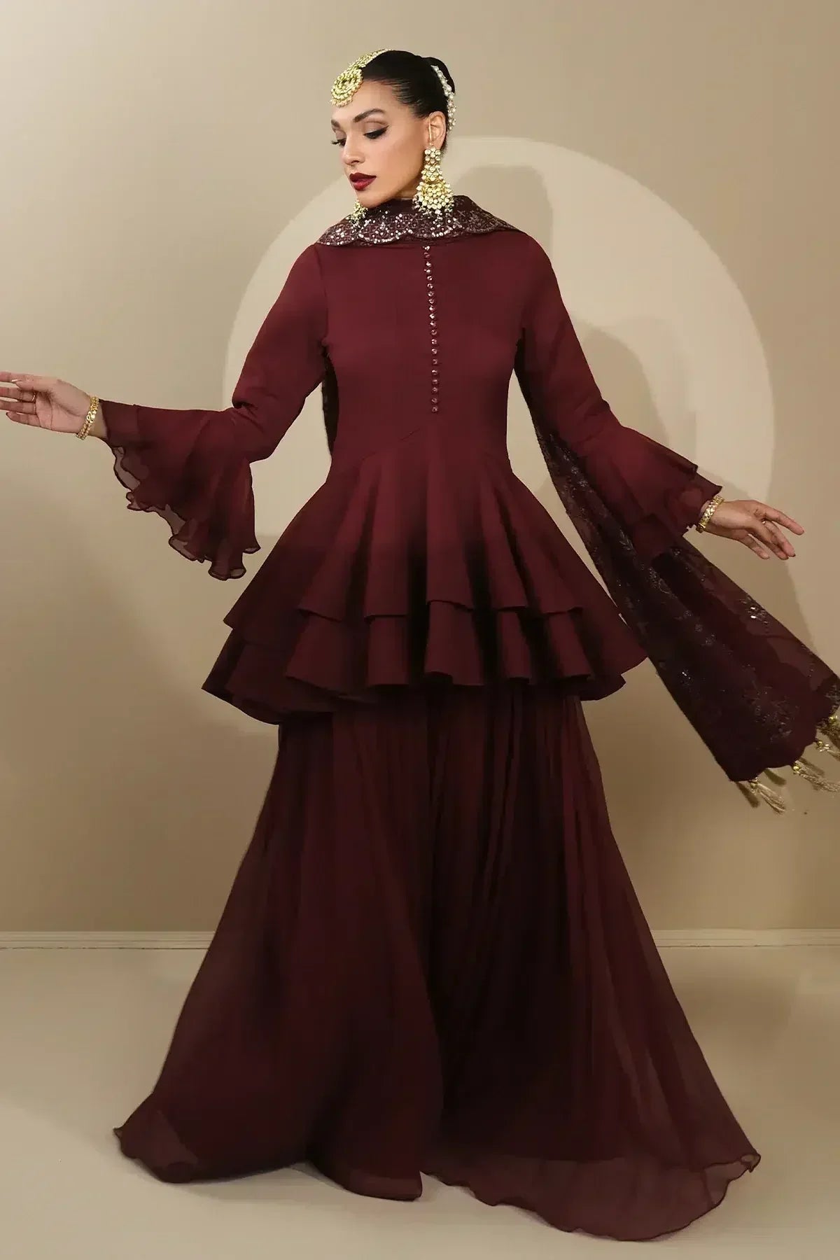 Alizeh | Formals Collection | Maroon Peplum 3 piece - RTW1014 - Aqsa Fabrics