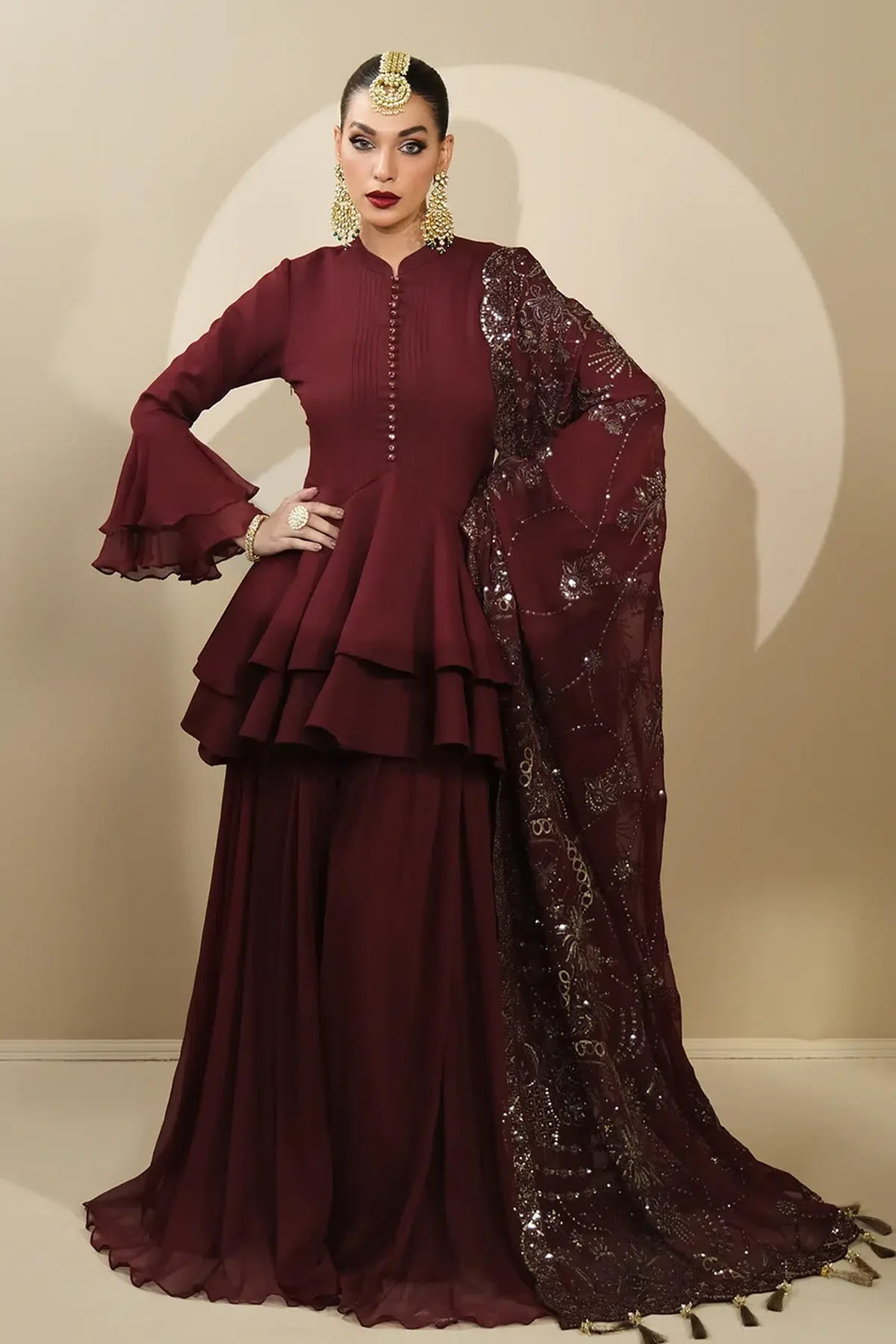 Alizeh | Formals Collection | Maroon Peplum 3 piece - RTW1014 - Aqsa Fabrics