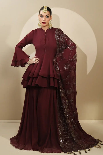Alizeh | Formals Collection | Maroon Peplum 3 piece - RTW1014 - Aqsa Fabrics