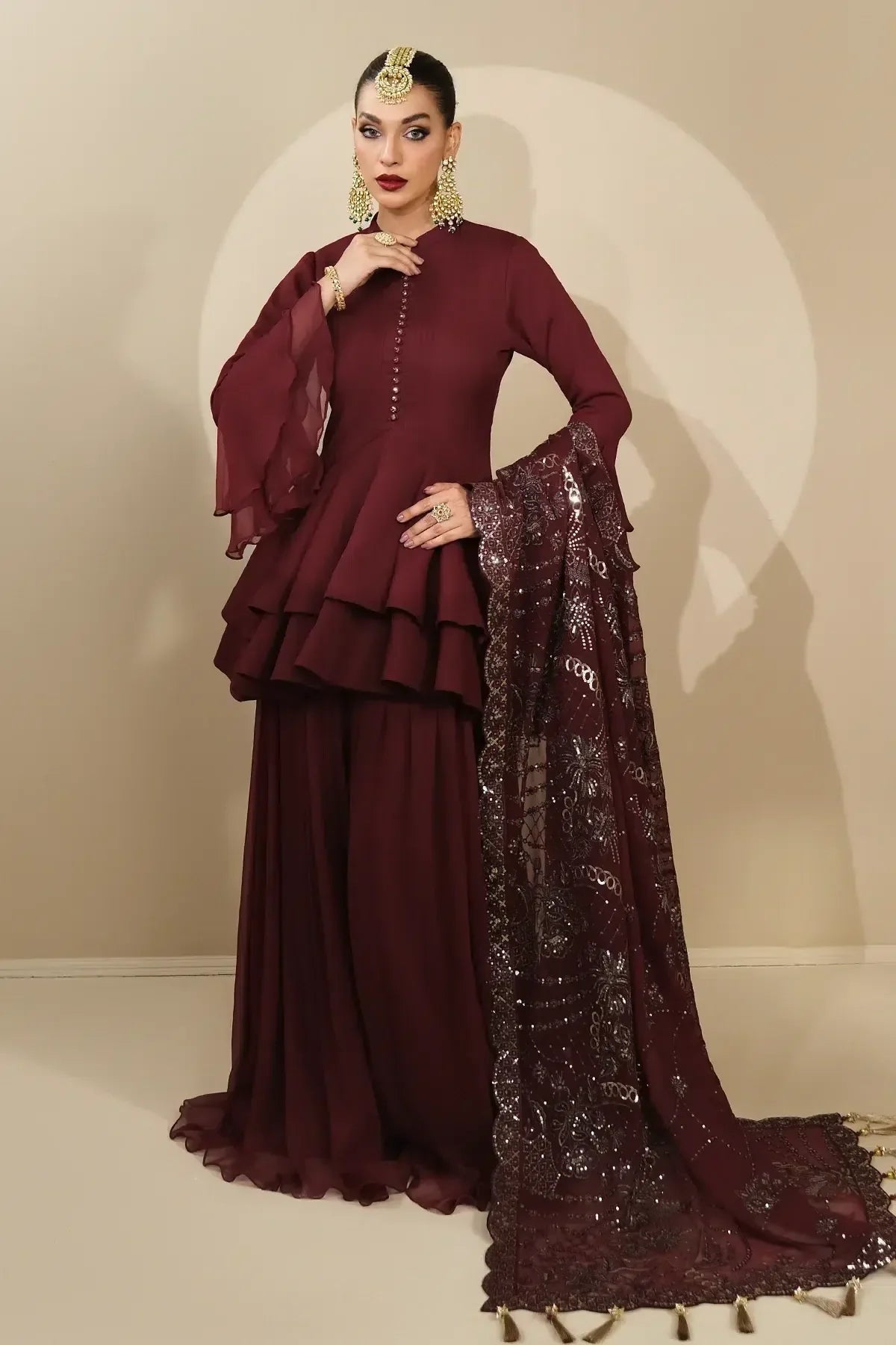 Alizeh | Formals Collection | Maroon Peplum 3 piece - RTW1014 - Aqsa Fabrics