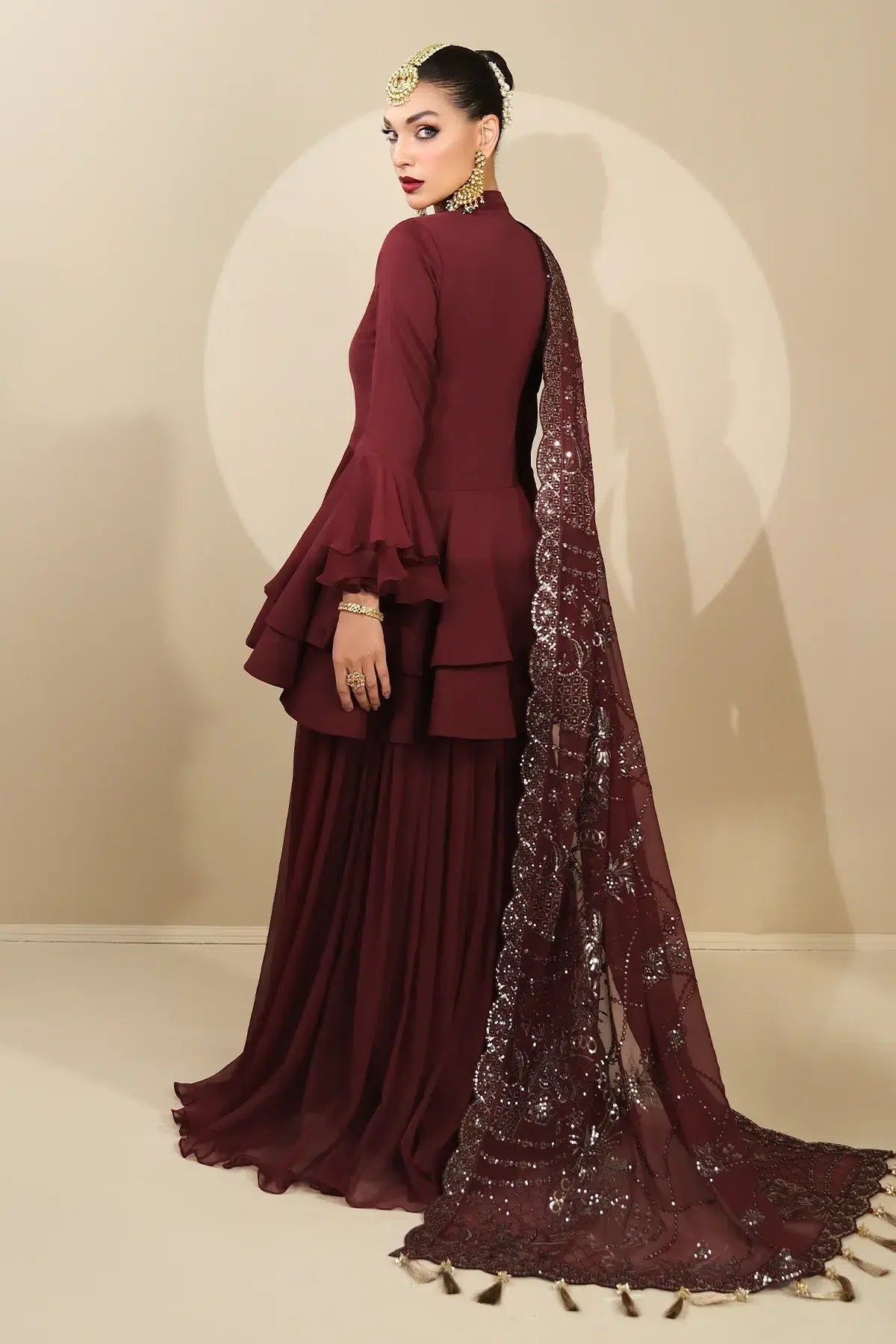 Alizeh | Formals Collection | Maroon Peplum 3 piece - RTW1014 - Aqsa Fabrics