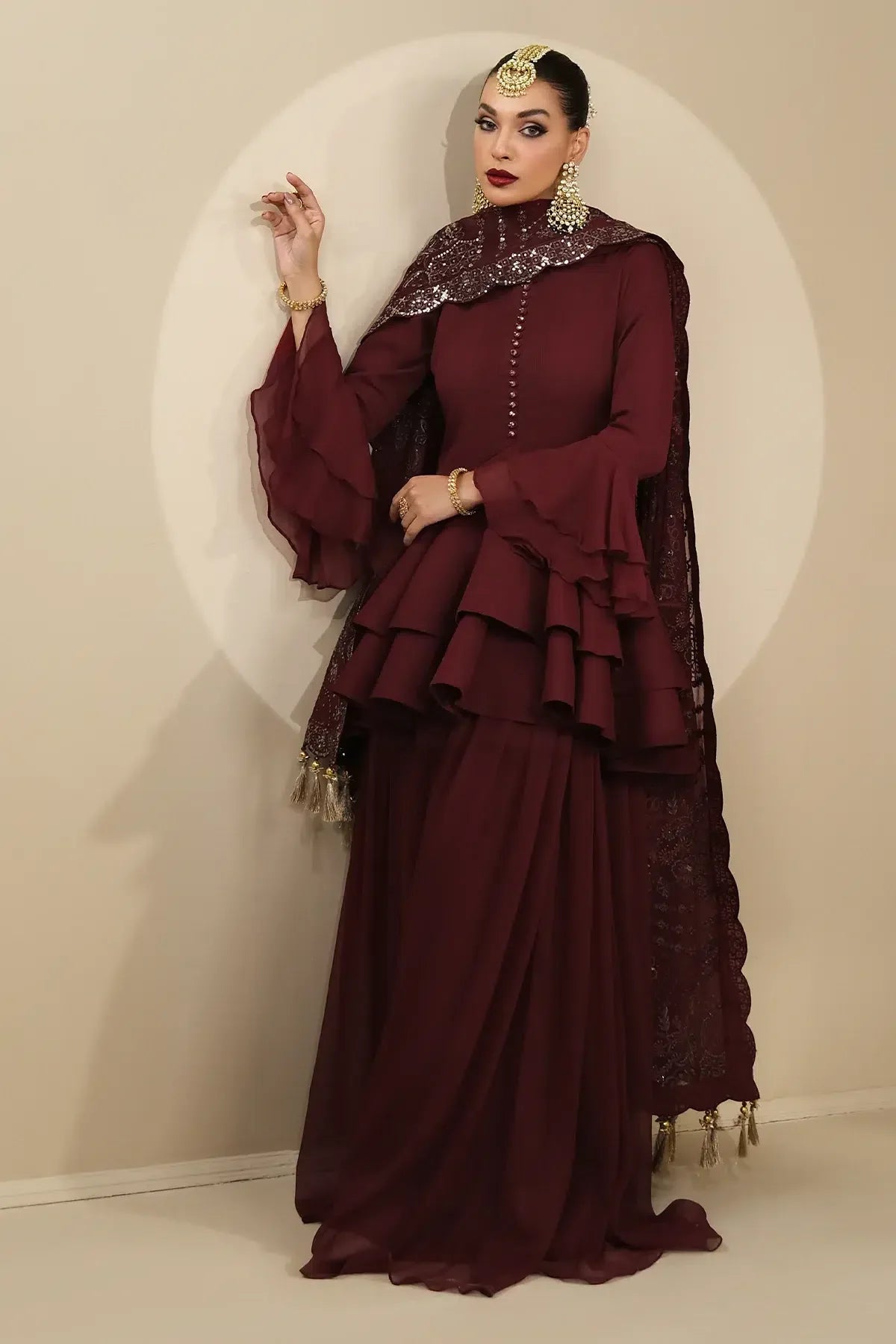 Alizeh | Formals Collection | Maroon Peplum 3 piece - RTW1014 - Aqsa Fabrics