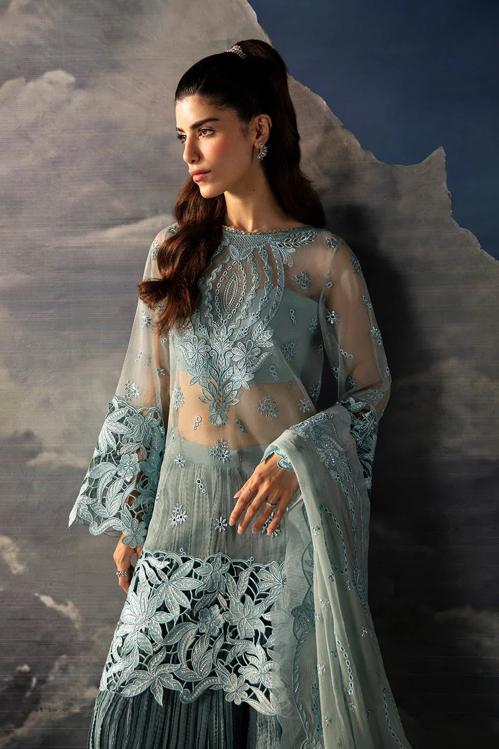 Afrozeh La Fuchsia Embroidered Organza 3Pc Suit - Astra - Aqsa Fabrics