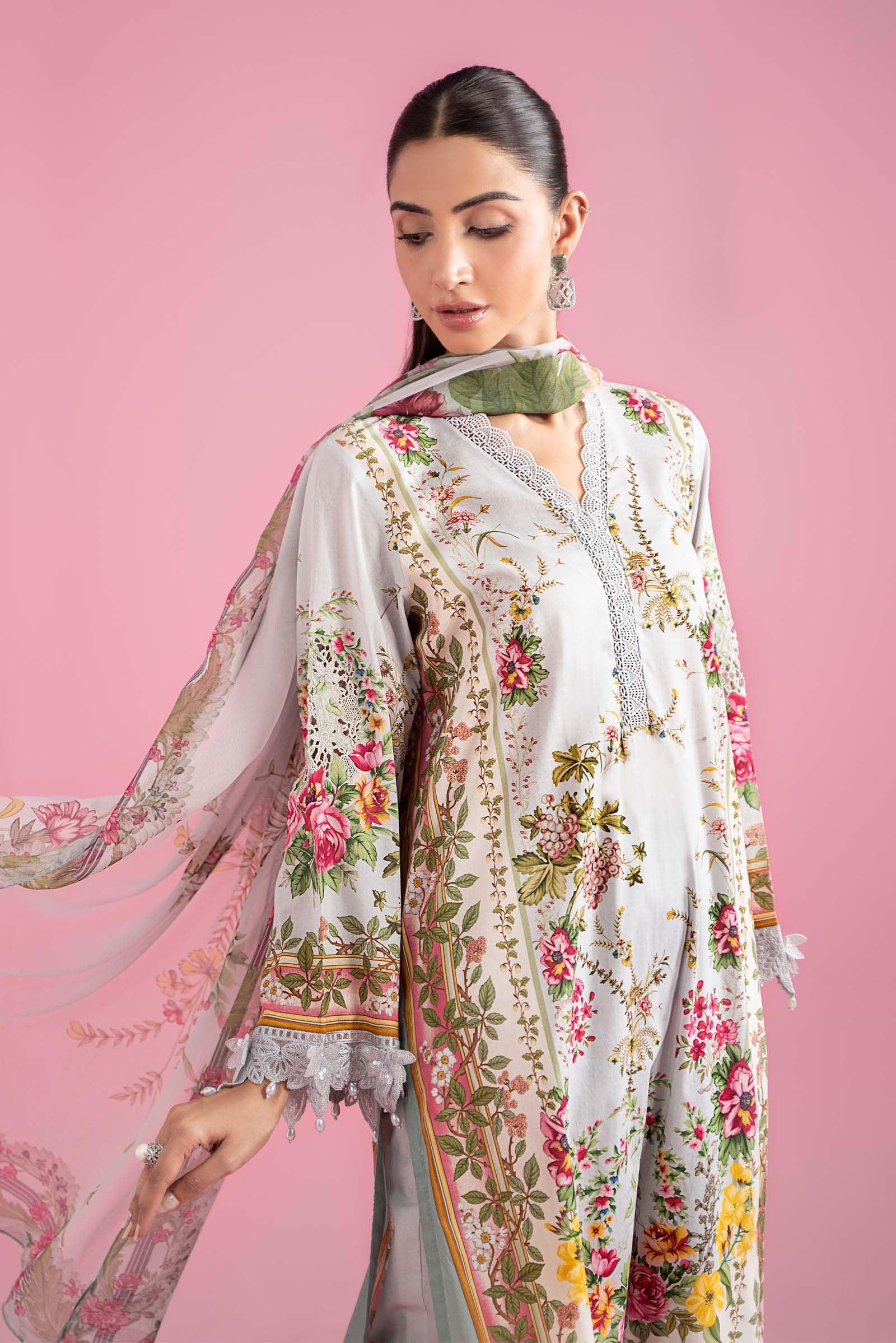 3 Piece Unstitched Embroidered Lawn Suit | MPT-2605-B - Aqsa Fabrics