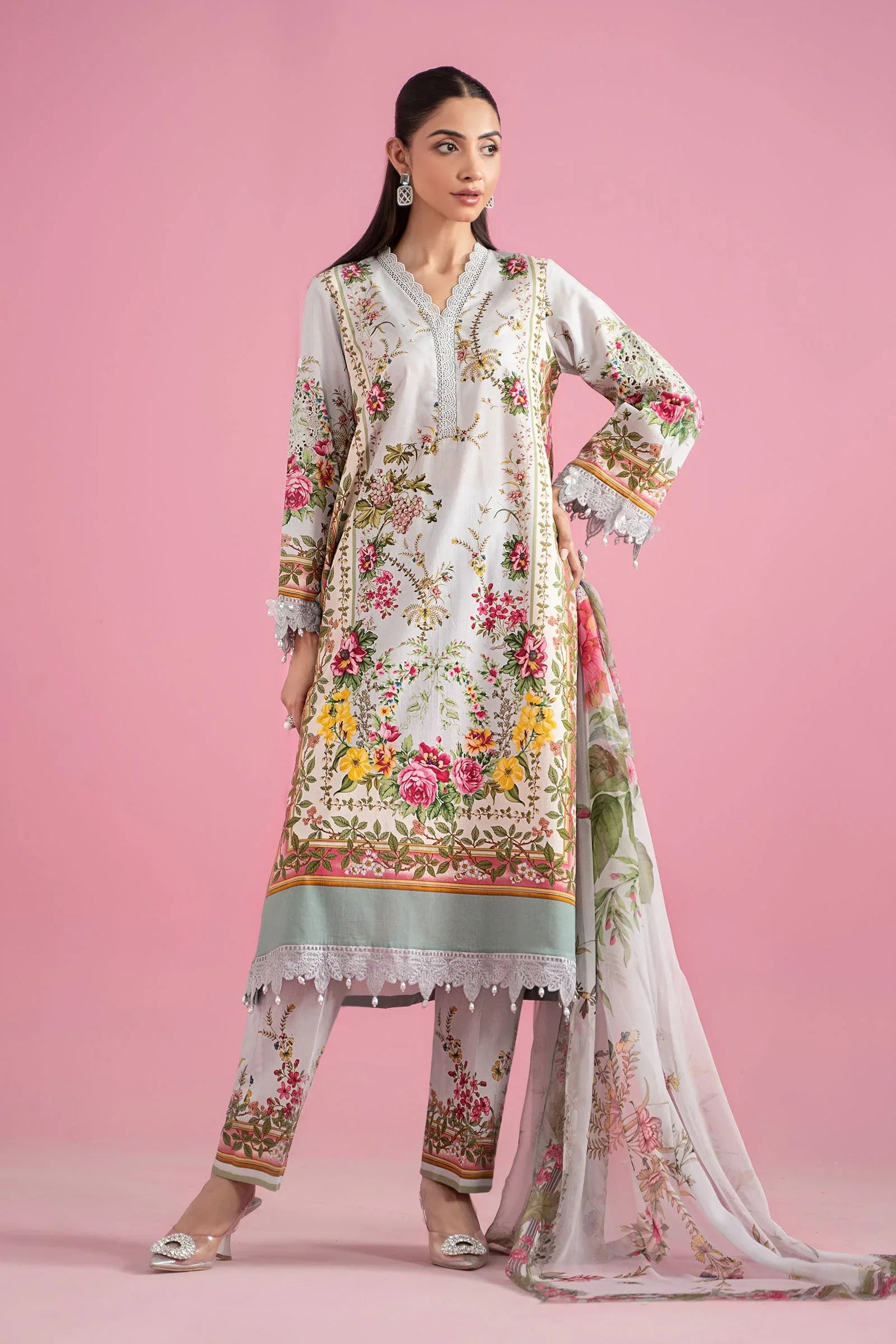 3 Piece Unstitched Embroidered Lawn Suit | MPT-2605-B - Aqsa Fabrics