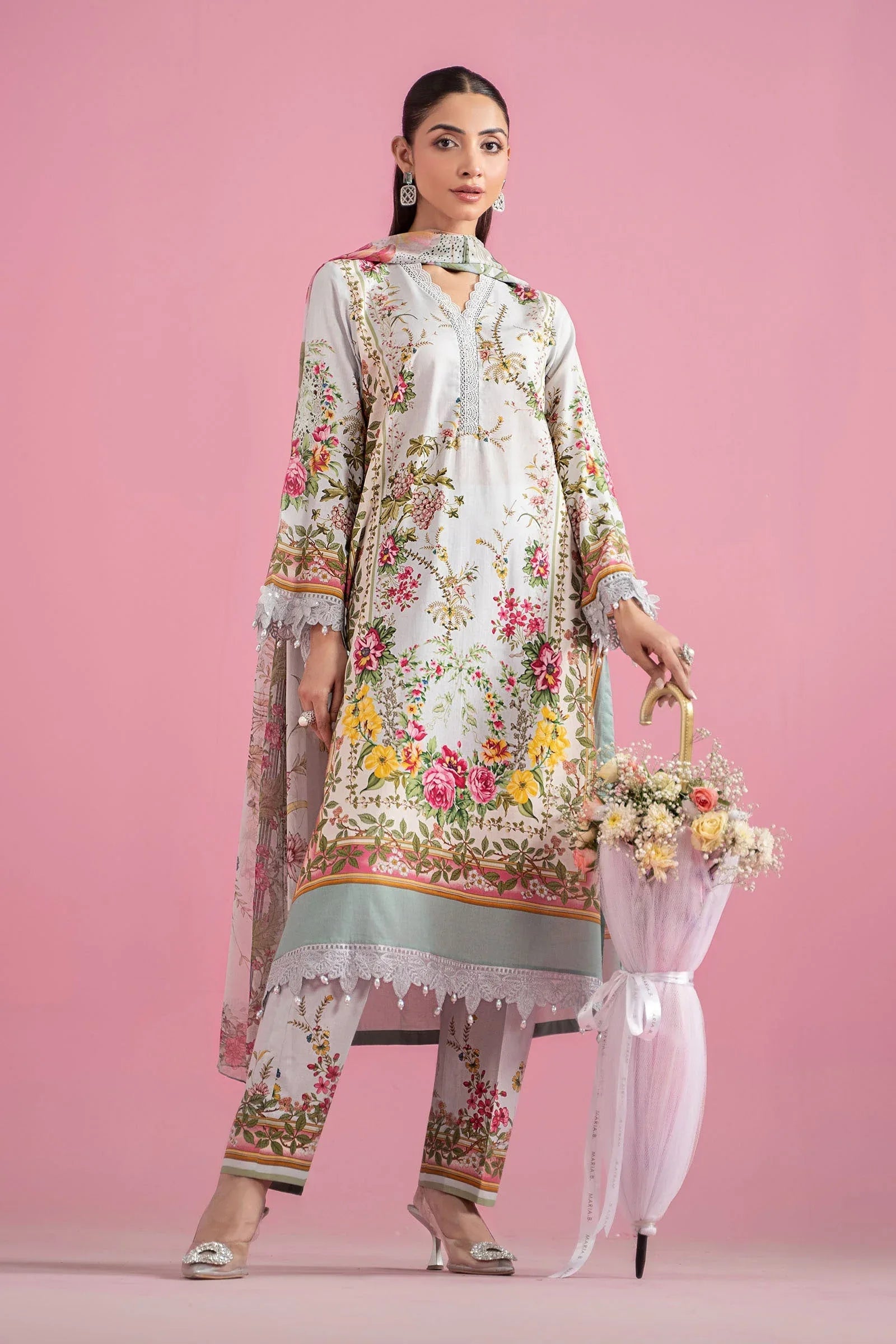 3 Piece Unstitched Embroidered Lawn Suit | MPT-2605-B - Aqsa Fabrics