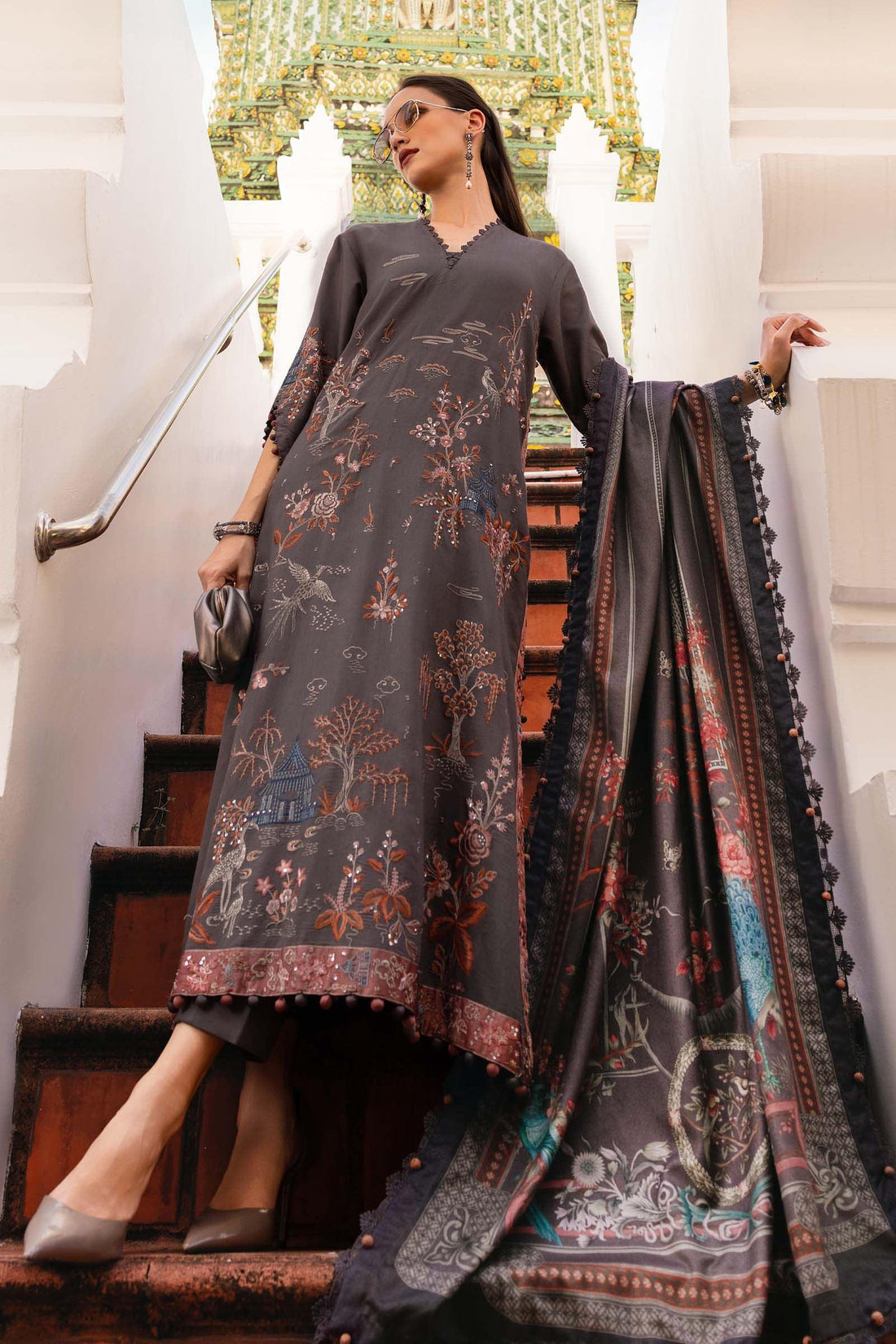 3 Piece Unstitched Embroidered Twill Linen Suit - Aqsa Fabrics
