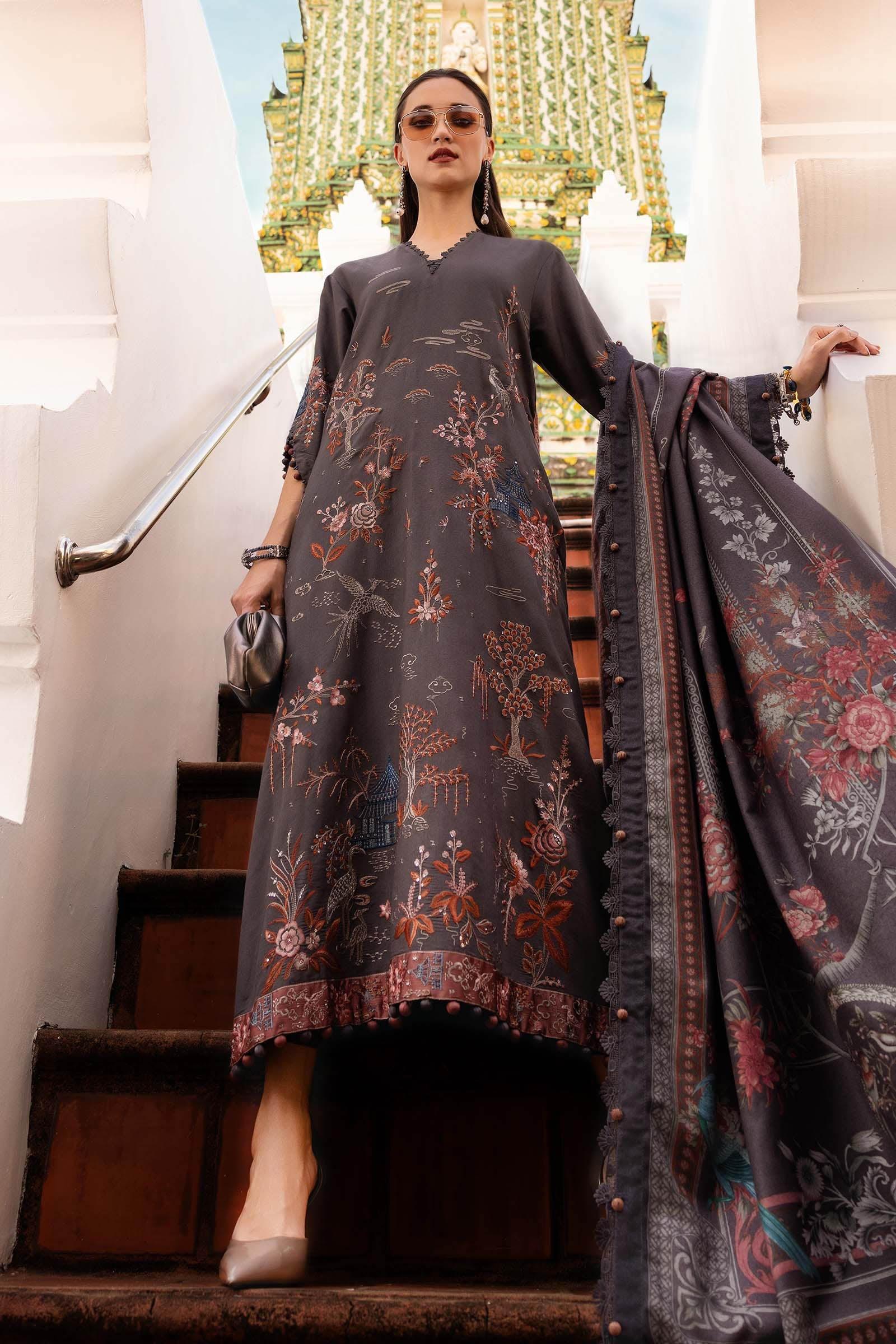 3 Piece Unstitched Embroidered Twill Linen Suit - Aqsa Fabrics