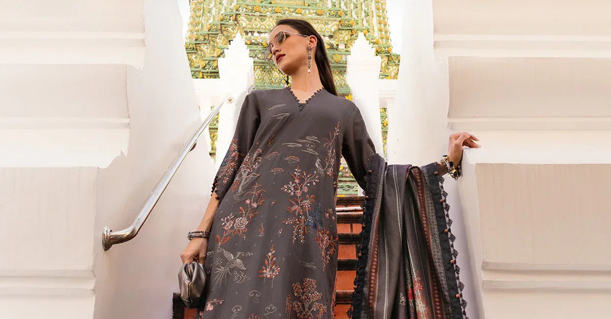 3 Piece Unstitched Embroidered Twill Linen Suit - Aqsa Fabrics