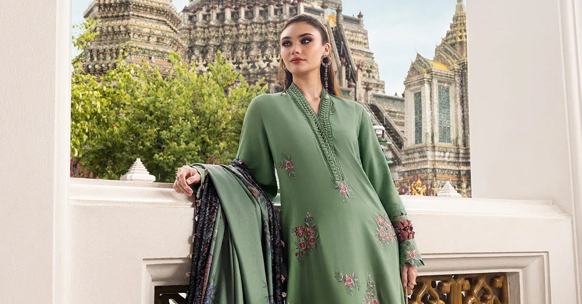 3 Piece Unstitched Embroidered Twill Linen Suit - Aqsa Fabrics