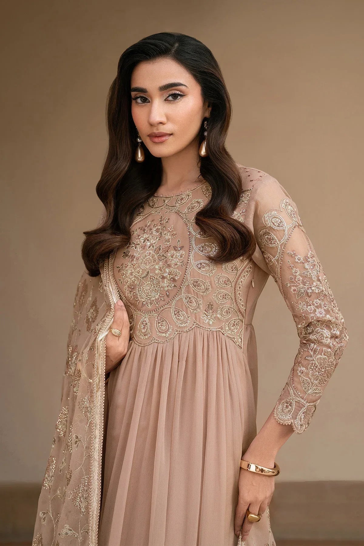 Alizeh | Ready to wear | Beige Dress 3 piece - RTW1027 - Aqsa Fabrics
