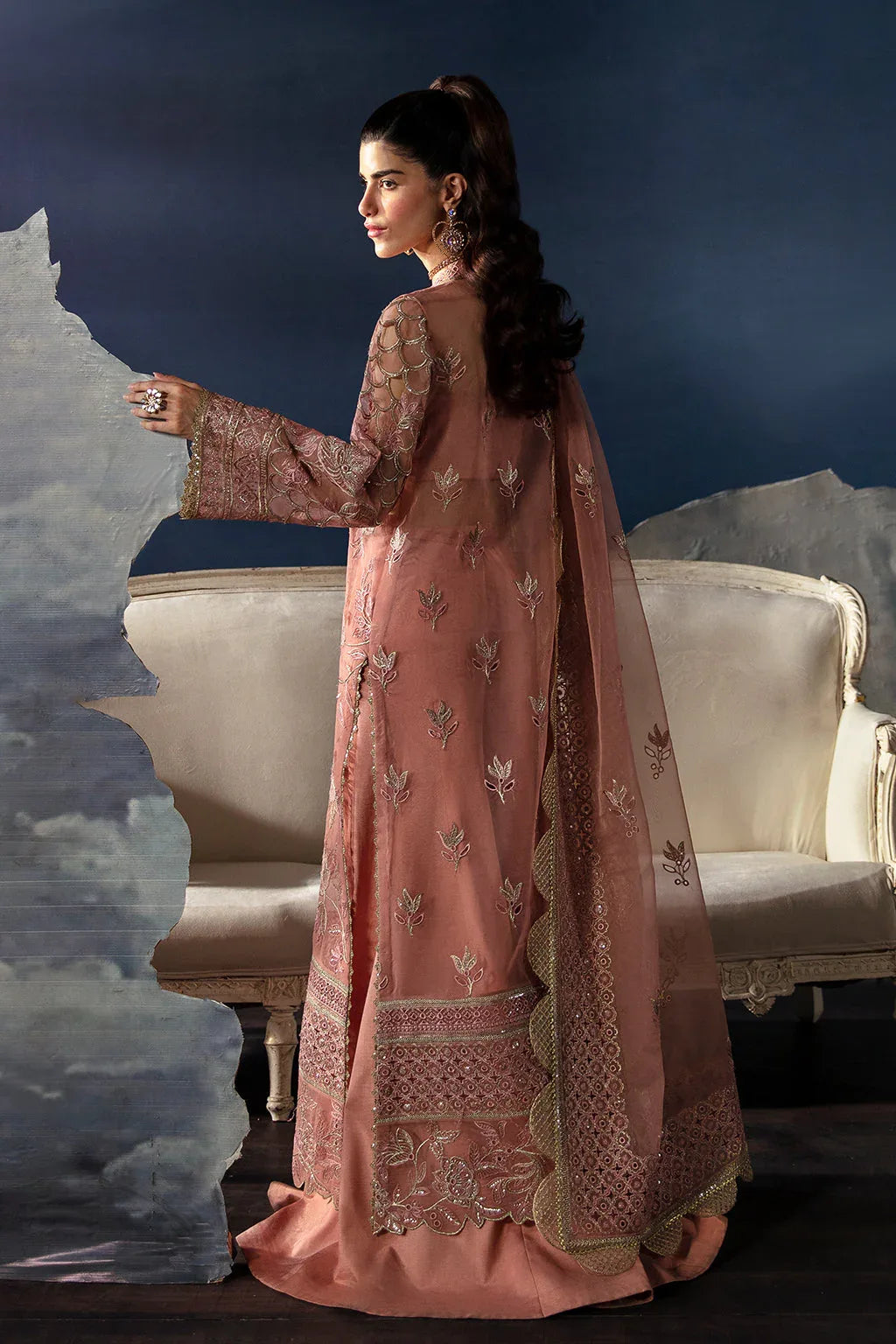Afrozeh La Fuchsia Embroidered Organza 3Pc Suit - Elea - Aqsa Fabrics