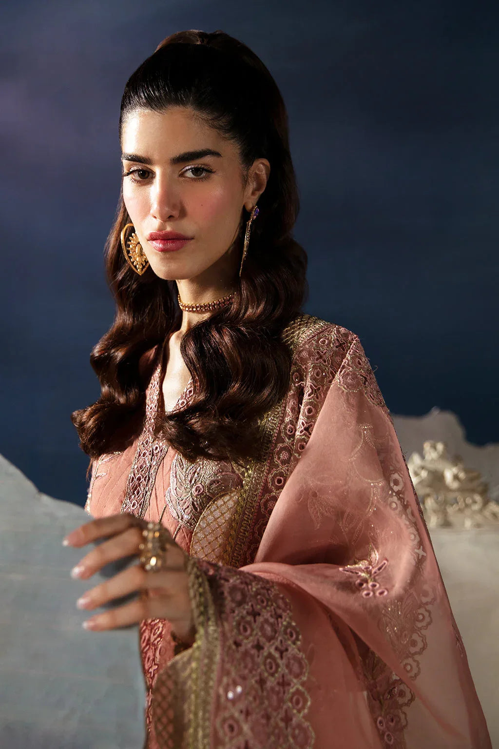 Afrozeh La Fuchsia Embroidered Organza 3Pc Suit - Elea - Aqsa Fabrics