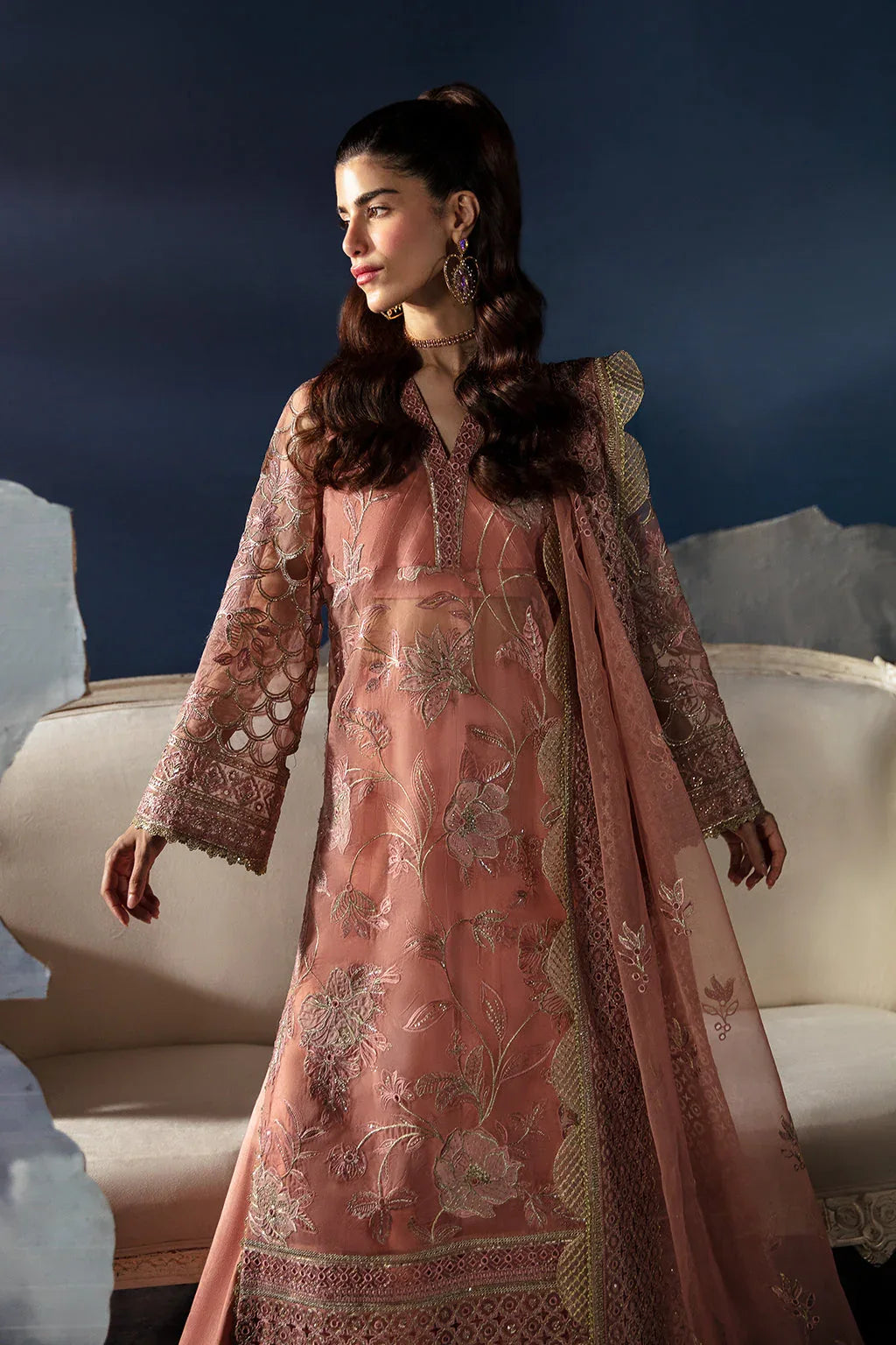 Afrozeh La Fuchsia Embroidered Organza 3Pc Suit - Elea - Aqsa Fabrics