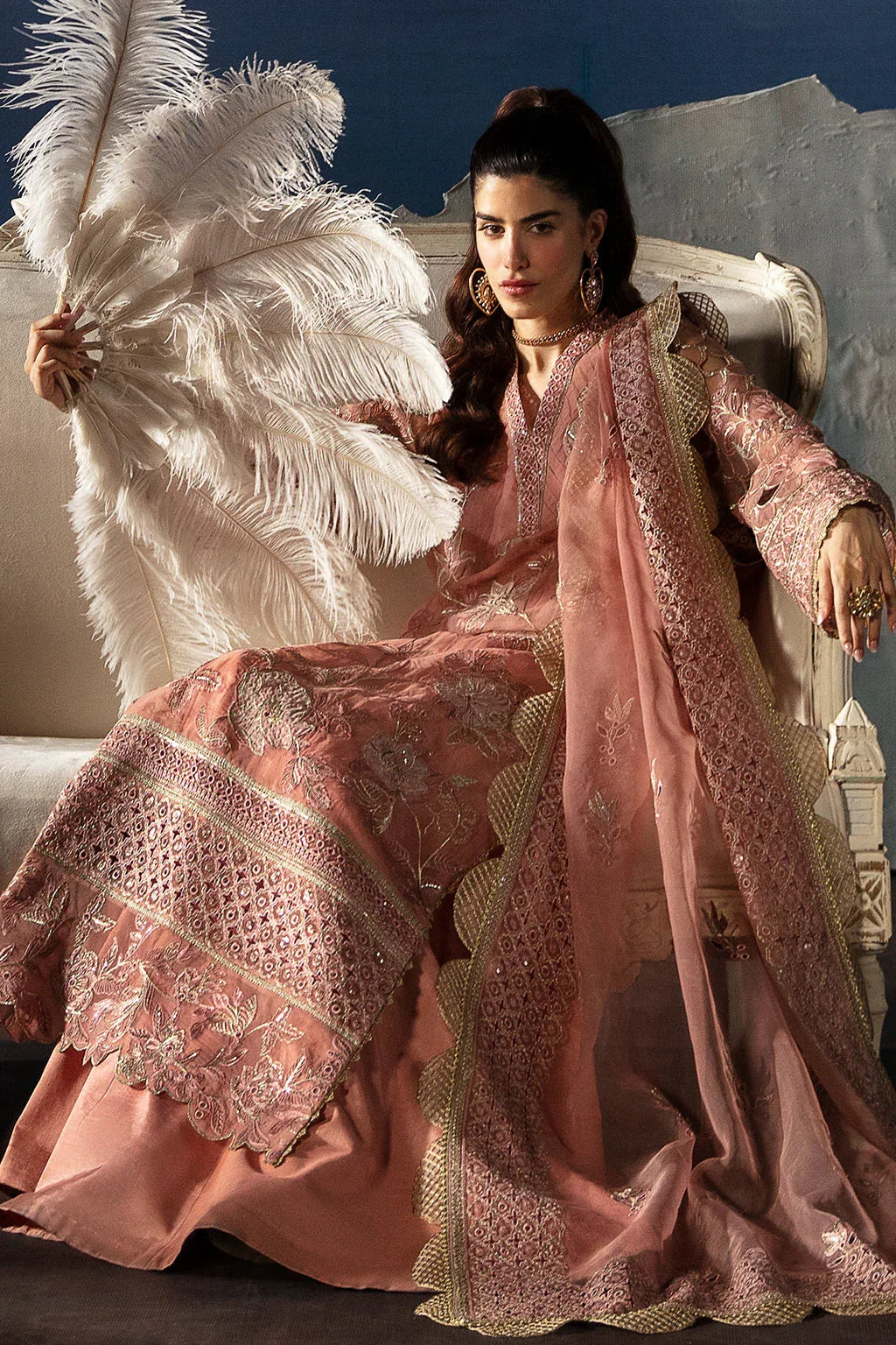 Afrozeh La Fuchsia Embroidered Organza 3Pc Suit - Elea - Aqsa Fabrics