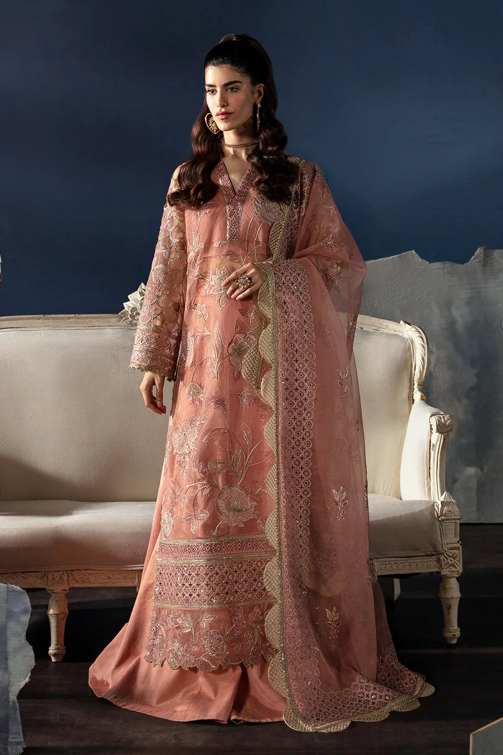 Afrozeh La Fuchsia Embroidered Organza 3Pc Suit - Elea - Aqsa Fabrics
