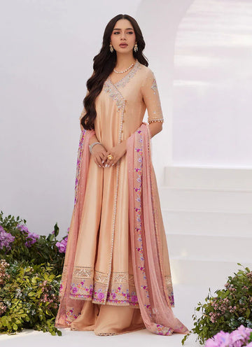 Farah Talib Aziz | Zaza Luxe Pret 24 | LISETTE FAWN EMBELLISHED RAW SILK ANGARKHA AND DUPATTA - Aqsa Fabrics