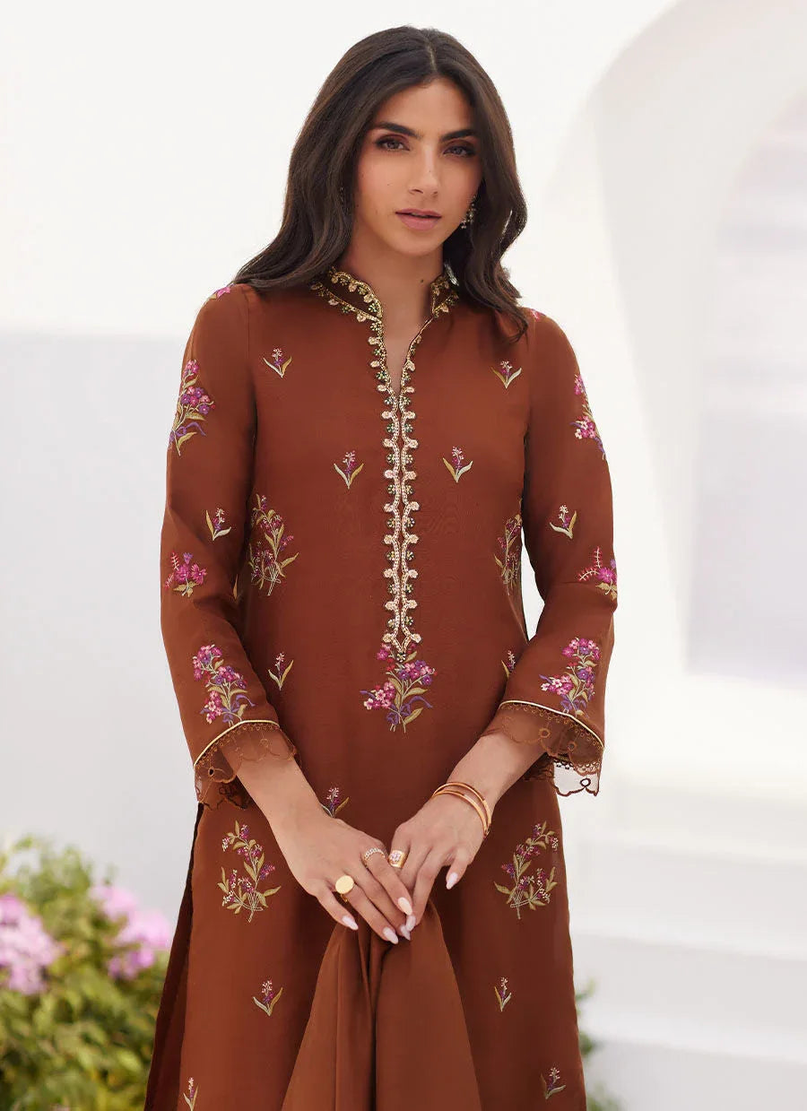 Farah Talib Aziz | Zaza Luxe Pret 24 | NOEMIE CHOCOLATE EMBROIDERED RAW SILK SHIRT AND DUPATTA - Aqsa Fabrics