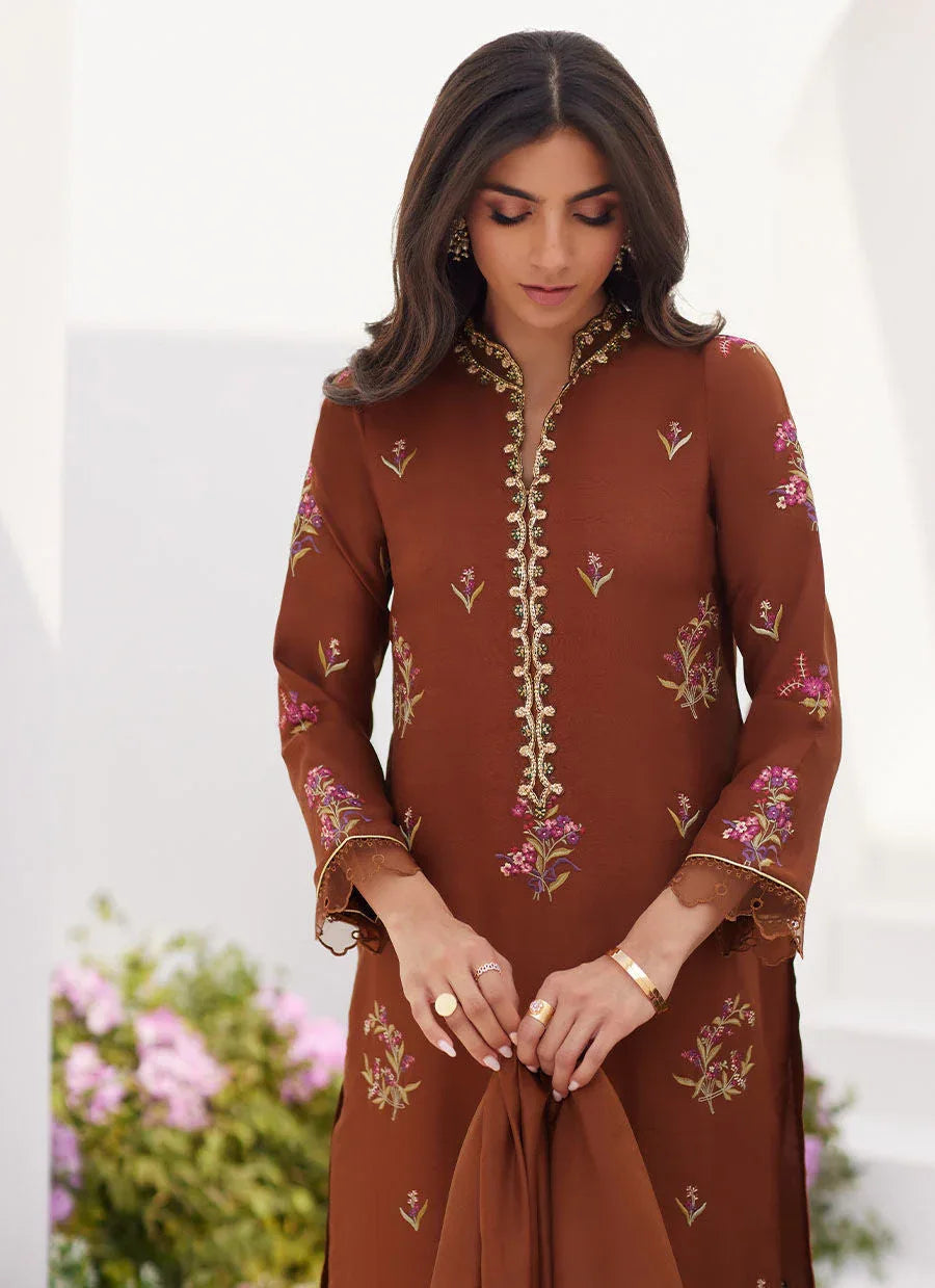 Farah Talib Aziz | Zaza Luxe Pret 24 | NOEMIE CHOCOLATE EMBROIDERED RAW SILK SHIRT AND DUPATTA - Aqsa Fabrics