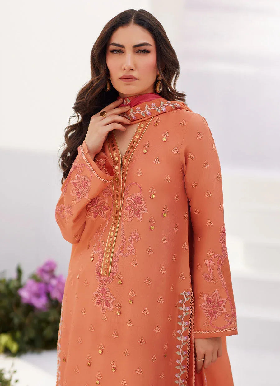 Farah Talib Aziz | Zaza Luxe Pret 24 | ELYNA CORAL EMBROIDERED RAW SILK SHIRT AND DUPATTA - Aqsa Fabrics