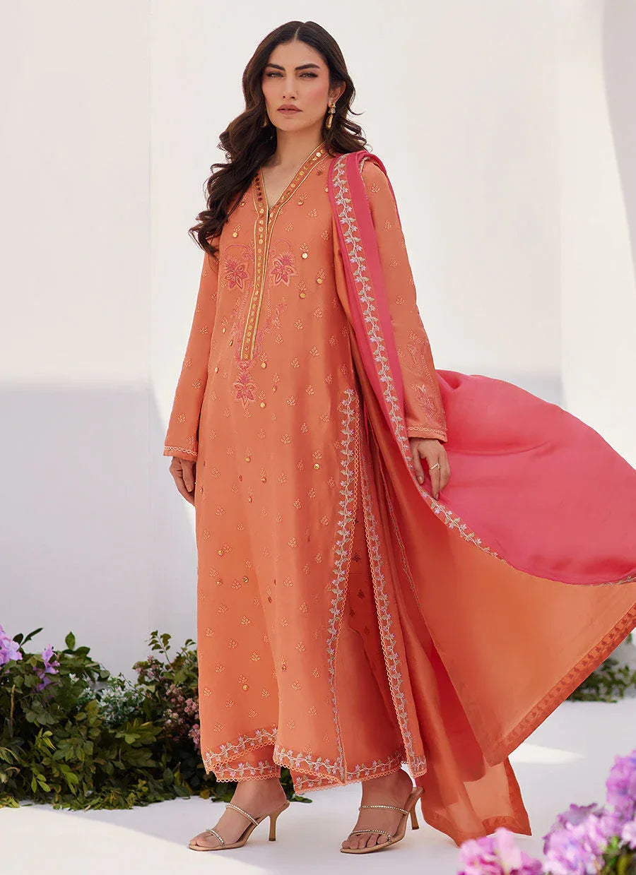 Farah Talib Aziz | Zaza Luxe Pret 24 | ELYNA CORAL EMBROIDERED RAW SILK SHIRT AND DUPATTA - Aqsa Fabrics